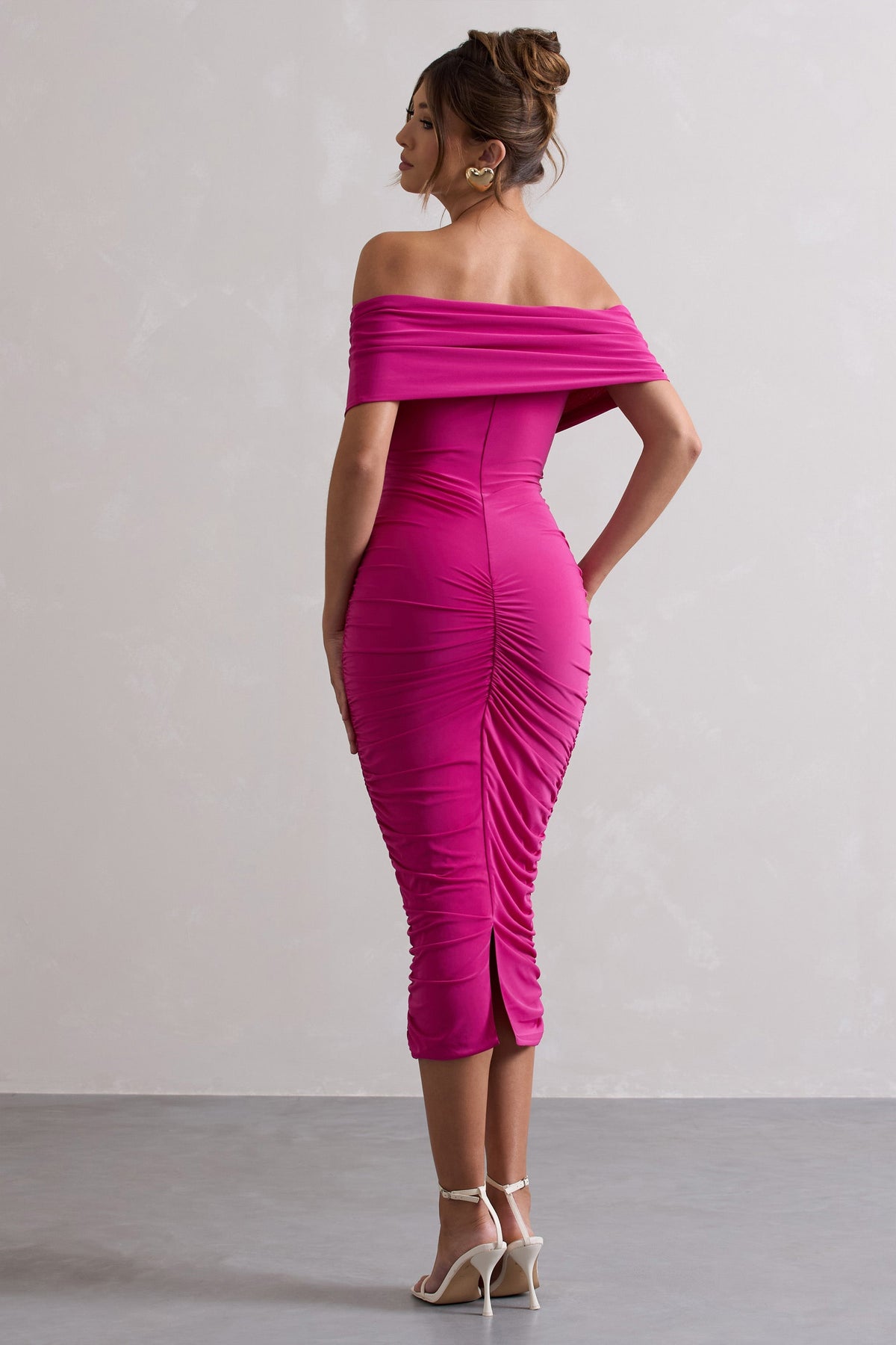 Unwrapped | Dark Pink Ruched Twist Bardot Midi Dress