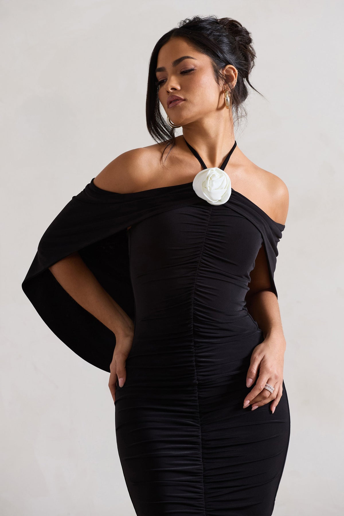 Adriana Black Ruched Halter-Neck Draped Mini Dress With Corsage Club L London - SA Adriana Black Ruched Halter-Neck Draped Mini Dress With Corsage Club L London - SA