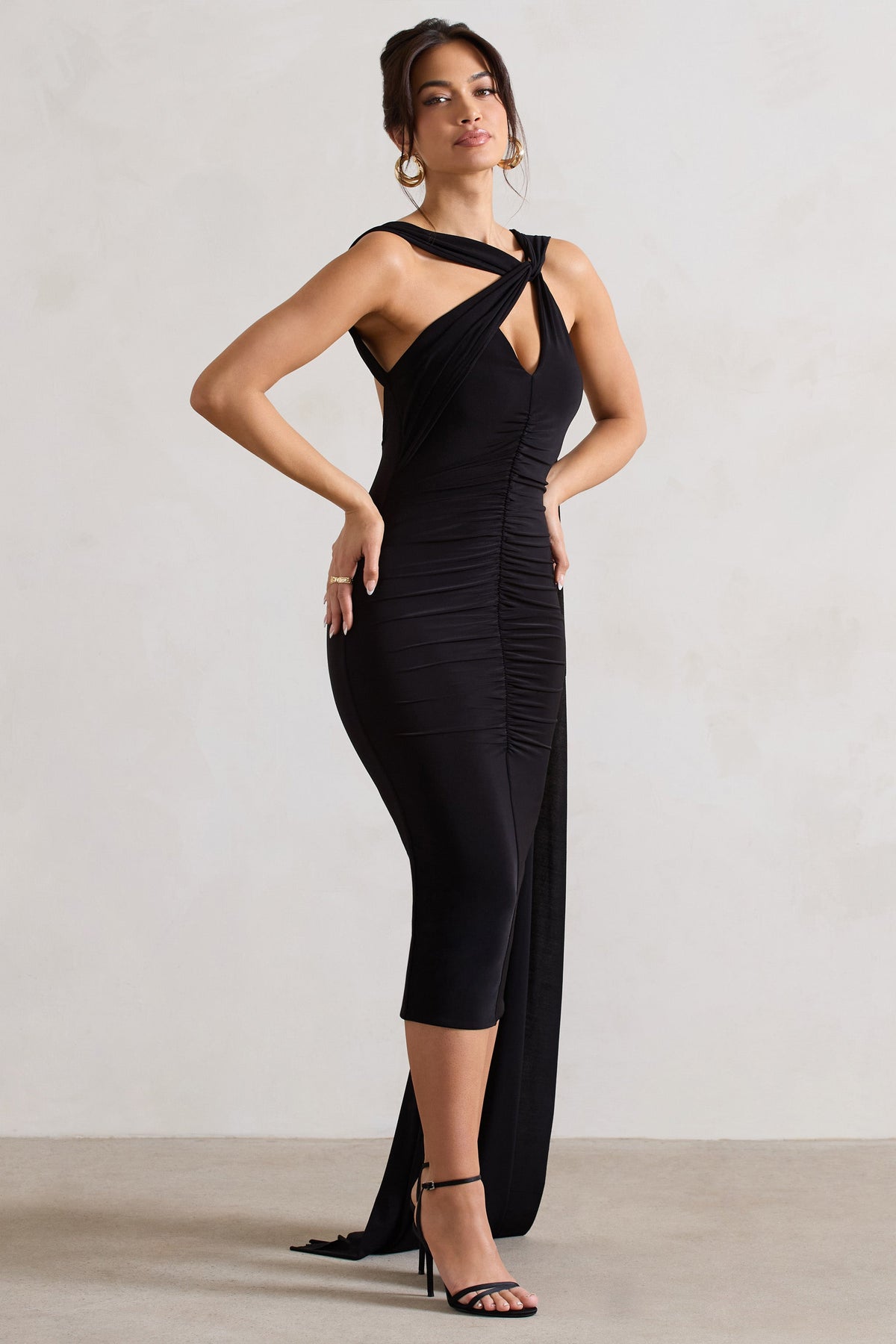 Freedom | Black Strappy Asymmetric Cut-Out Midi Dress With Cape