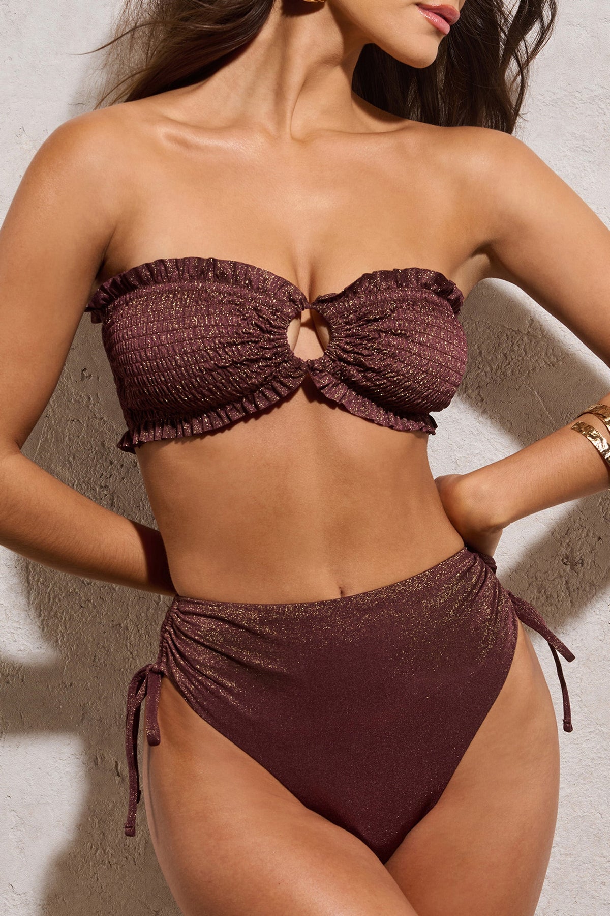 Wanderlust | Bronze Metallic Textured Ring Bandeau Bikini Top