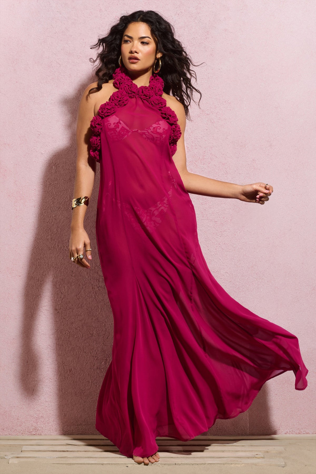 Naelya Dark Pink Chiffon Halter-Neck Maxi Dress With Corsages Club L London - SA Naelya Dark Pink Chiffon Halter-Neck Maxi Dress With Corsages Club L London - SA