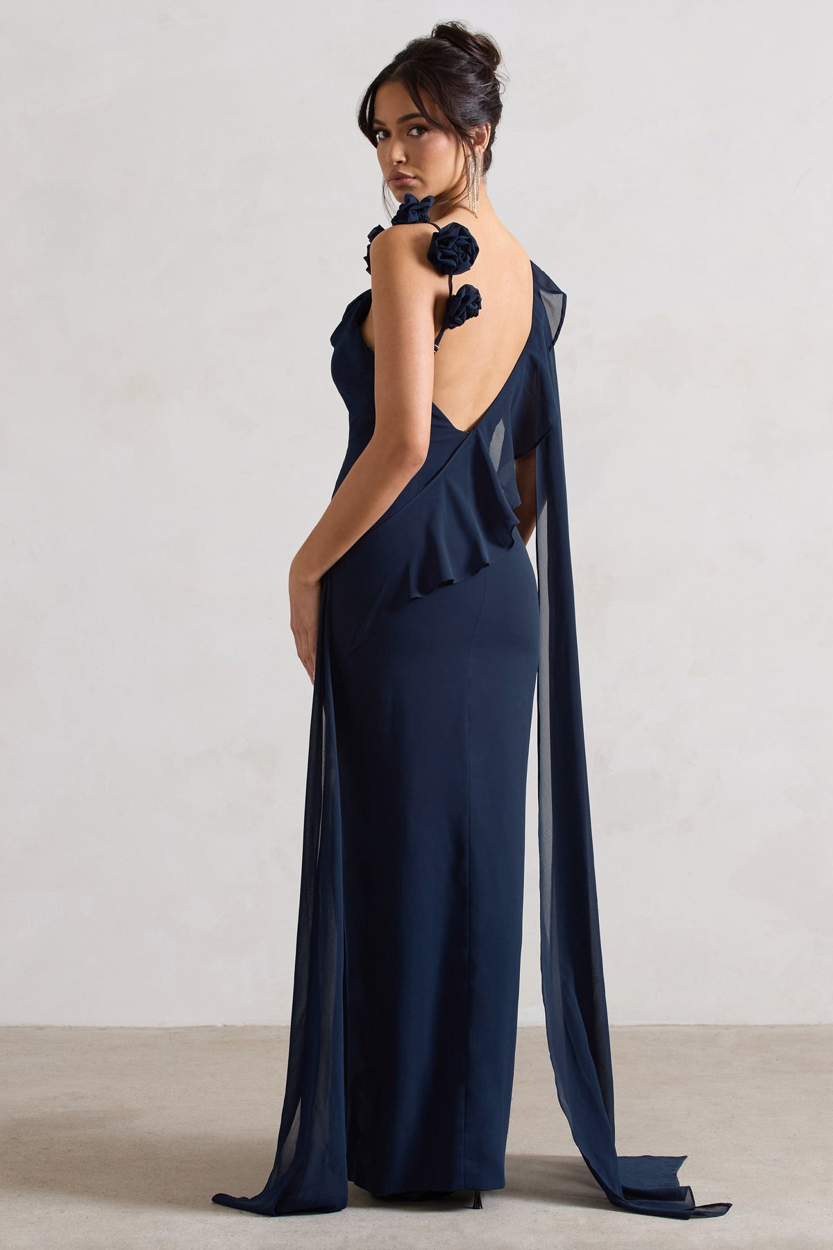 Angeline | Navy Chiffon Draped Split Maxi Dress With Corsages