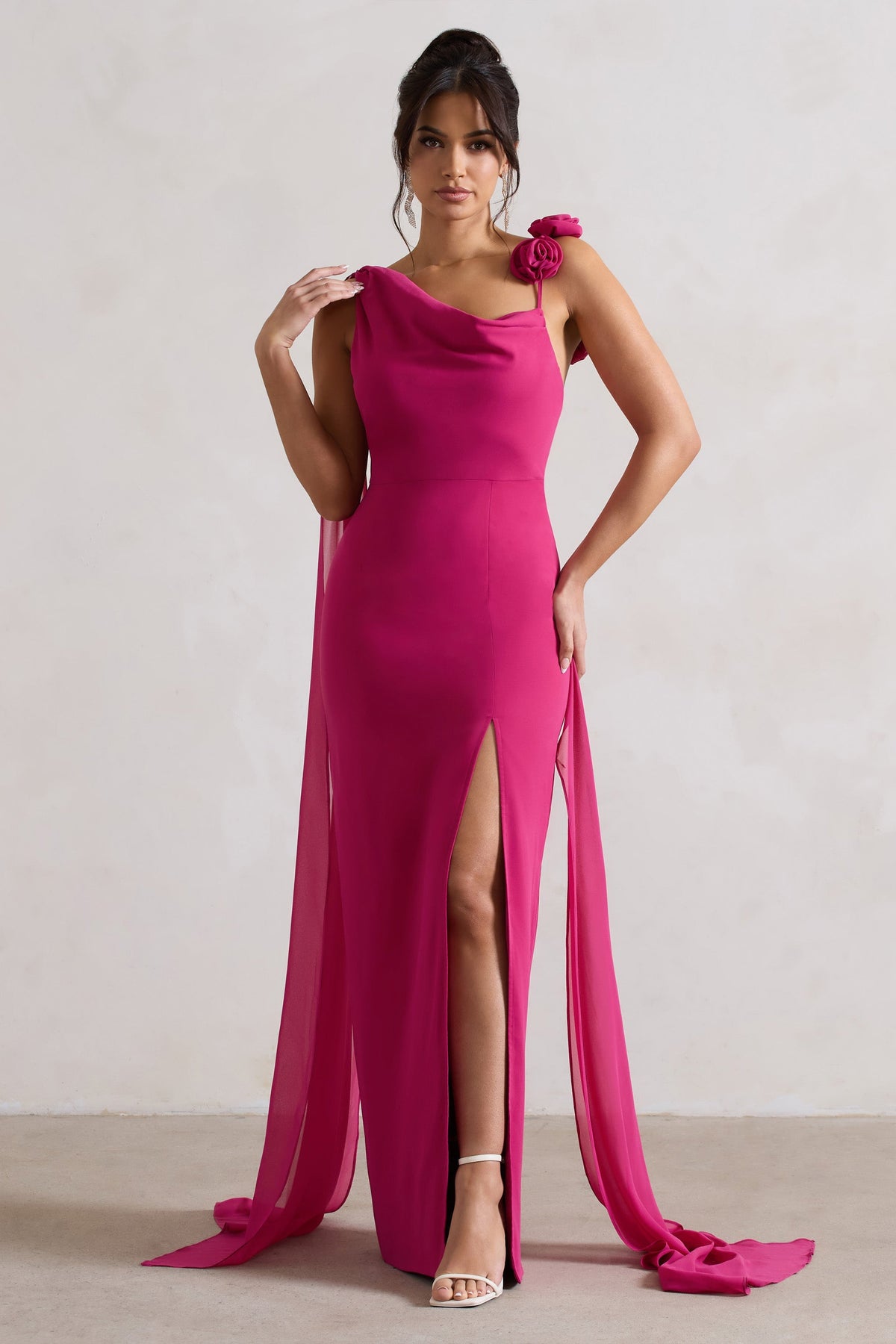 Angeline | Dark Pink Chiffon Draped Split Maxi Dress With Corsages