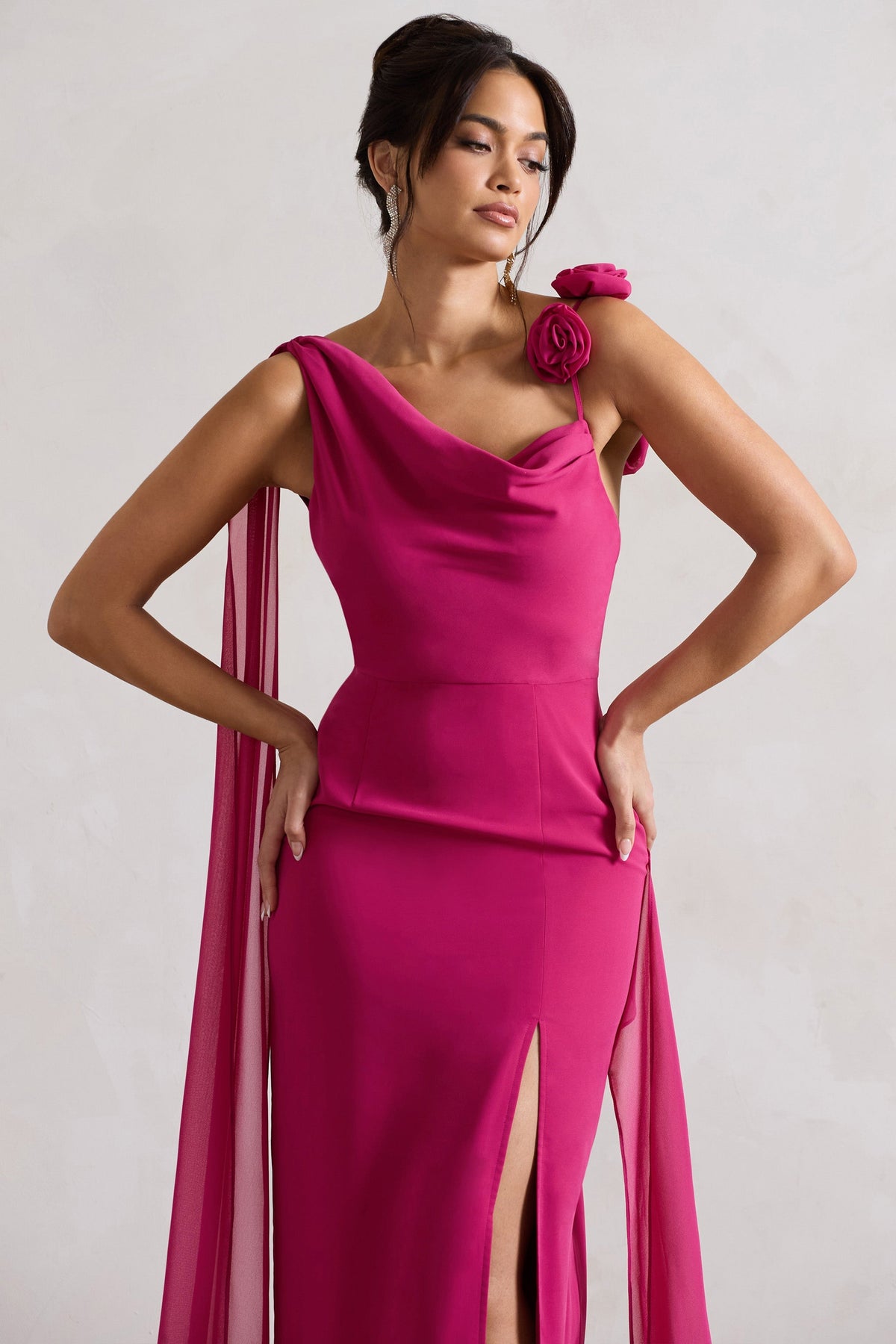 Angeline | Dark Pink Chiffon Draped Split Maxi Dress With Corsages