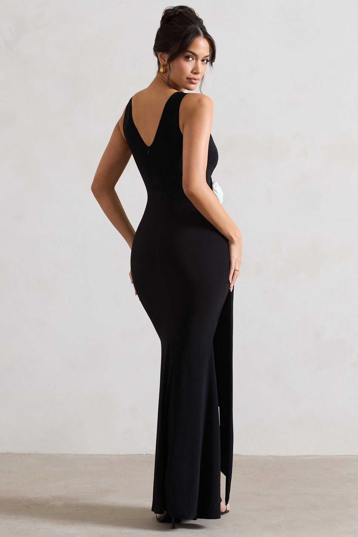 Endora | Black Split Maxi Dress With Corsage & Drape