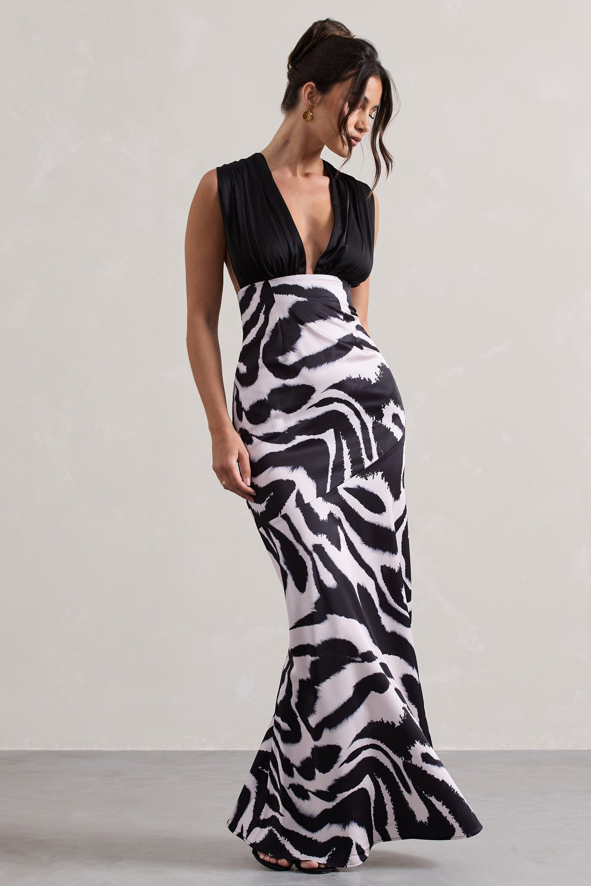Silk Zebra Long Dress Azzara Zebra Print Satin Ruched V-Neck Maxi Dress Club L London Silk Zebra Long Dress Azzara Zebra Print Satin Ruched V-Neck Maxi Dress Club L London