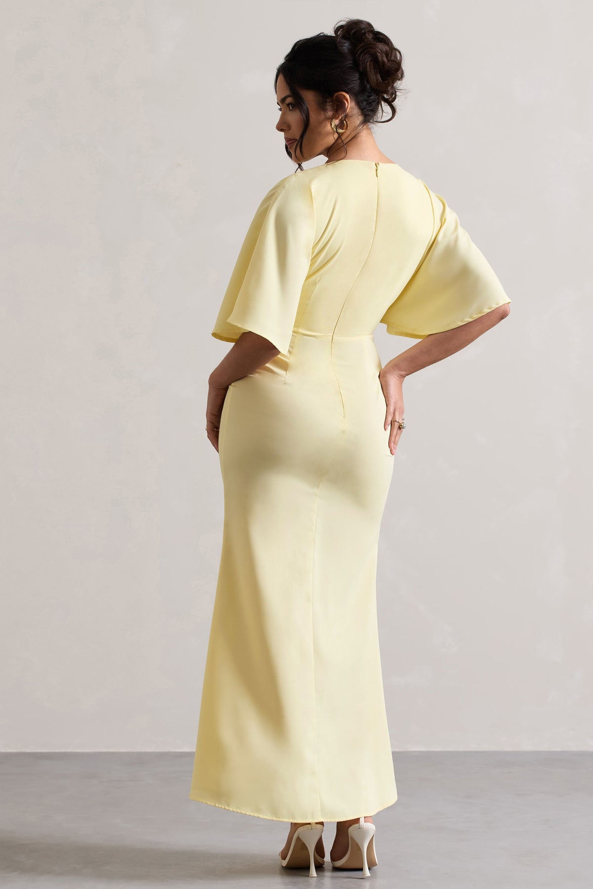 Elidy | Pastel Yellow Ruched Flutter-Sleeve Cut-Out Maxi Dress