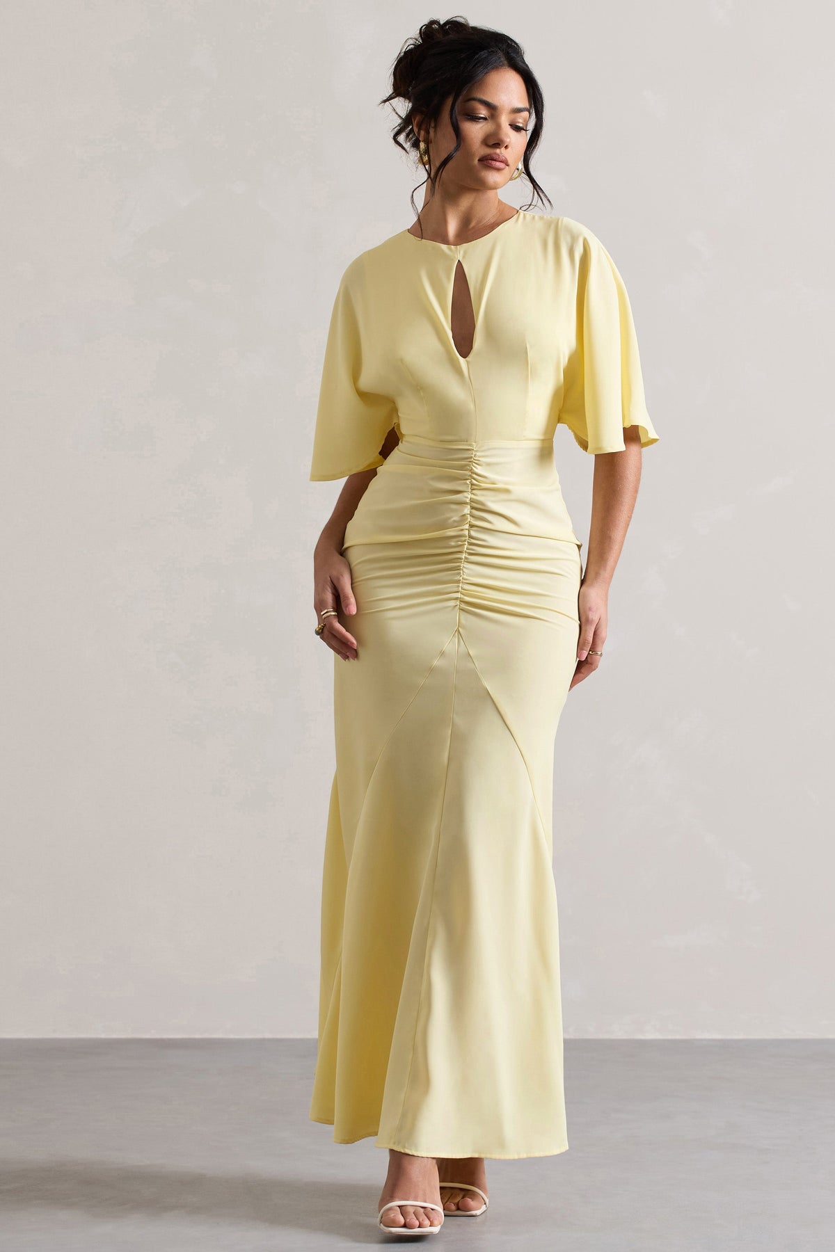 Elidy | Pastel Yellow Ruched Flutter-Sleeve Cut-Out Maxi Dress