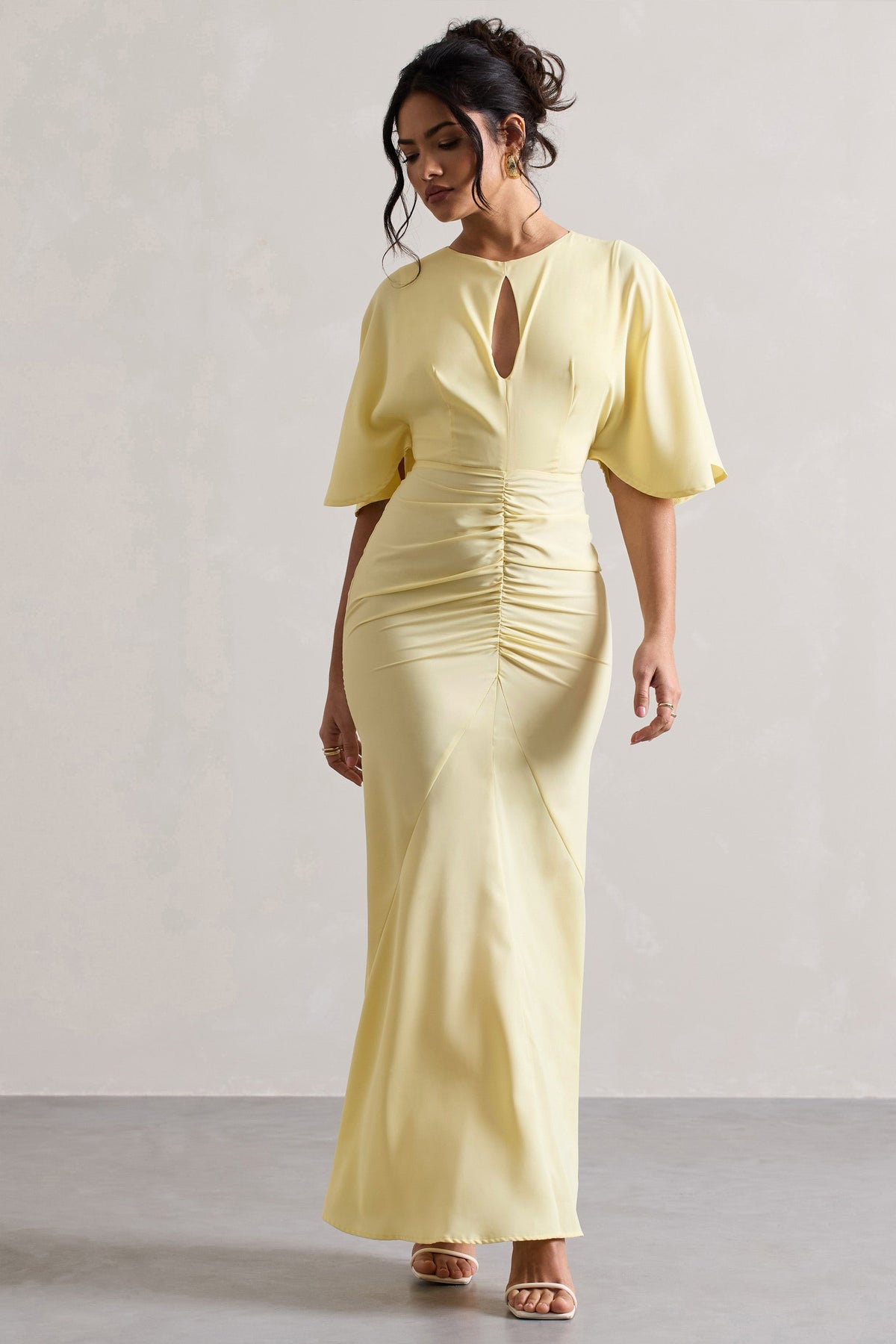 Elidy | Pastel Yellow Ruched Flutter-Sleeve Cut-Out Maxi Dress