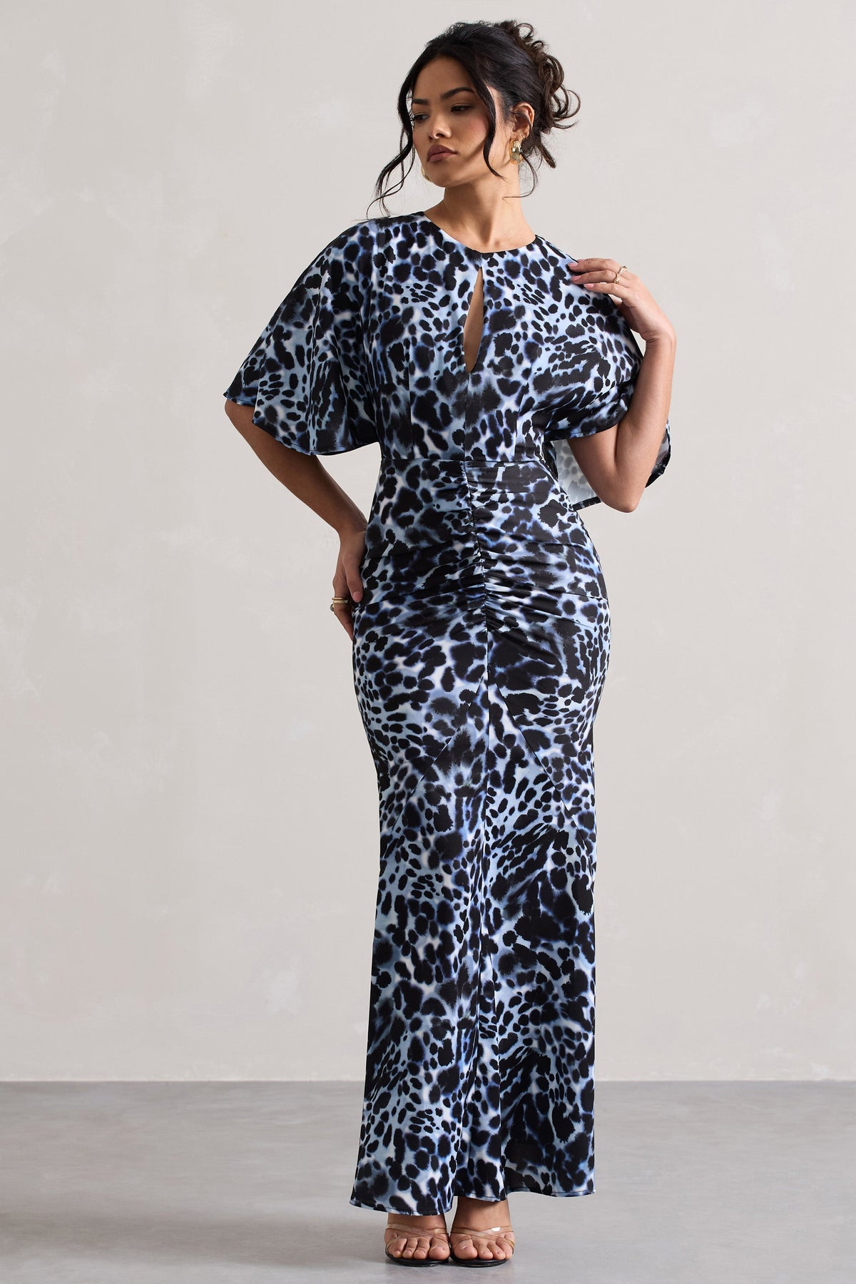 ruched flutter sleeve maxi dress Asos Design Grown-on Neck Flutter Sleeve Ruched Detail Maxi Dress In Animal Print