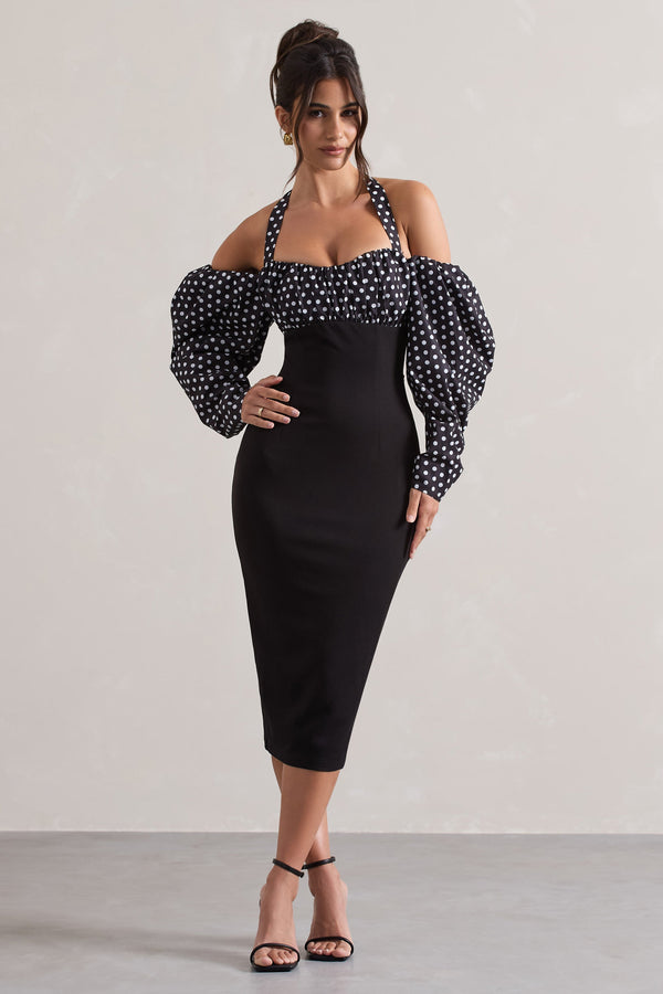 Couture Client Black & White Polka Dot Halter-Neck Puff Sleeve Midi  Club  L London - SA