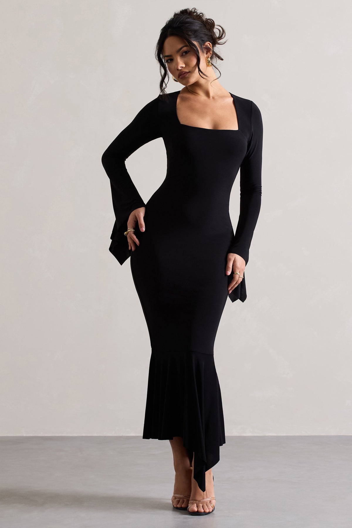 Meliora | Black Square-Neck Flute-Sleeve Asymmetric Midi Dress