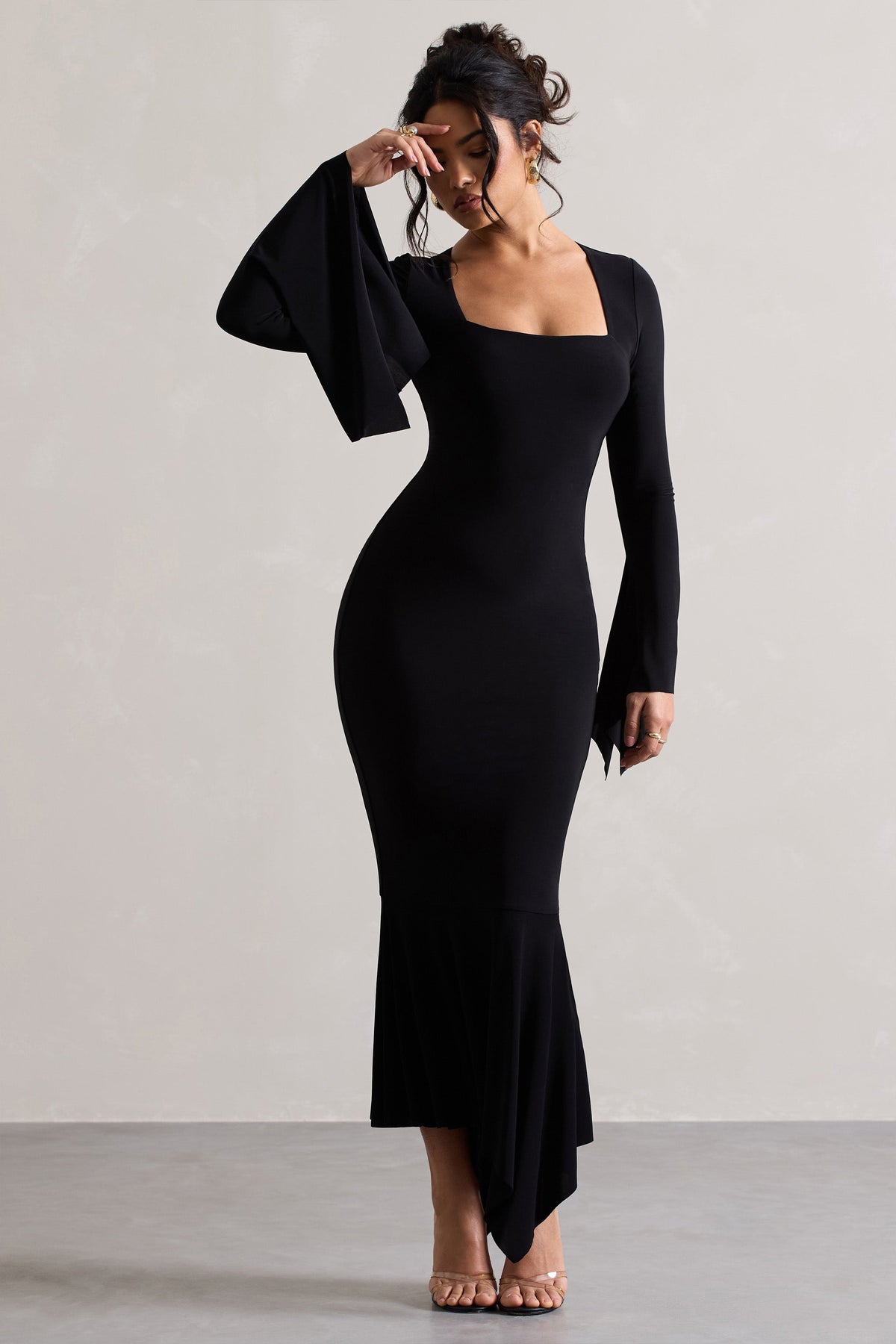 Meliora | Black Square-Neck Flute-Sleeve Asymmetric Midi Dress