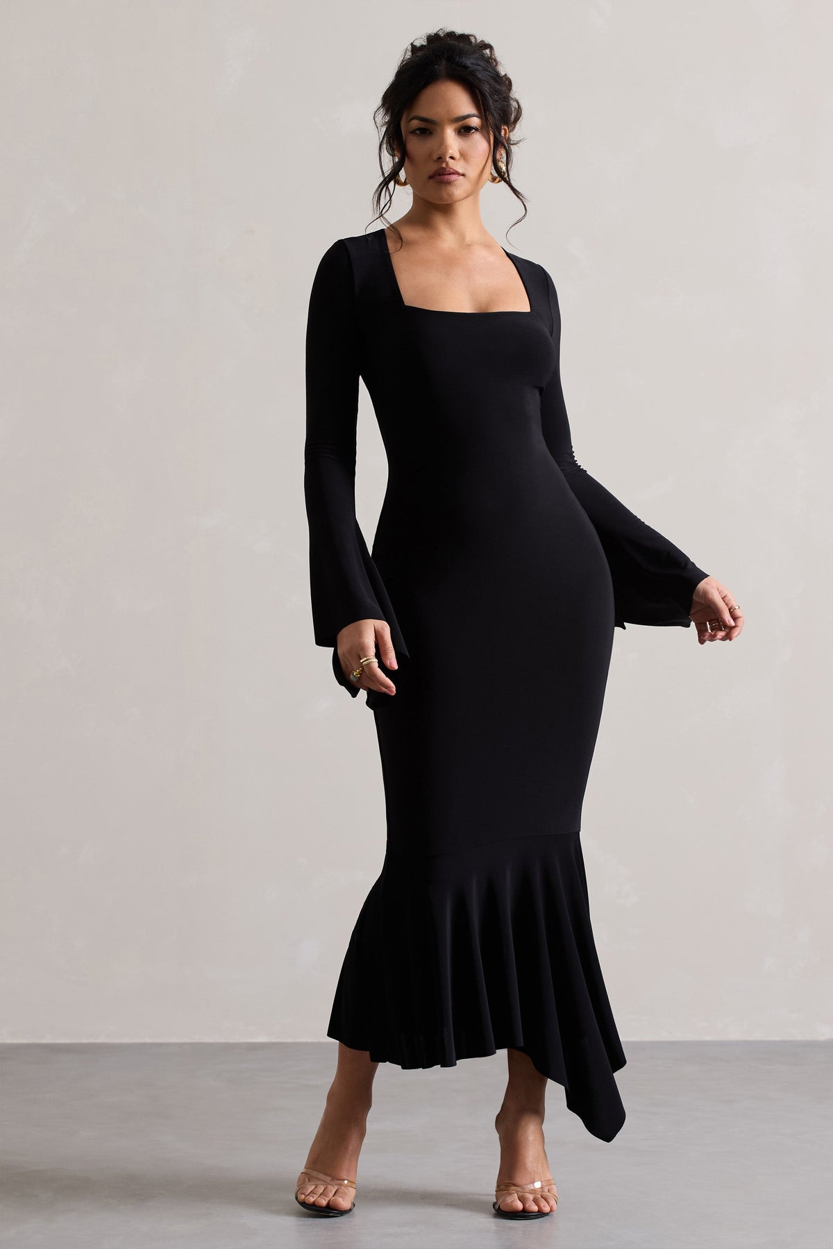 Meliora | Black Square-Neck Flute-Sleeve Asymmetric Midi Dress