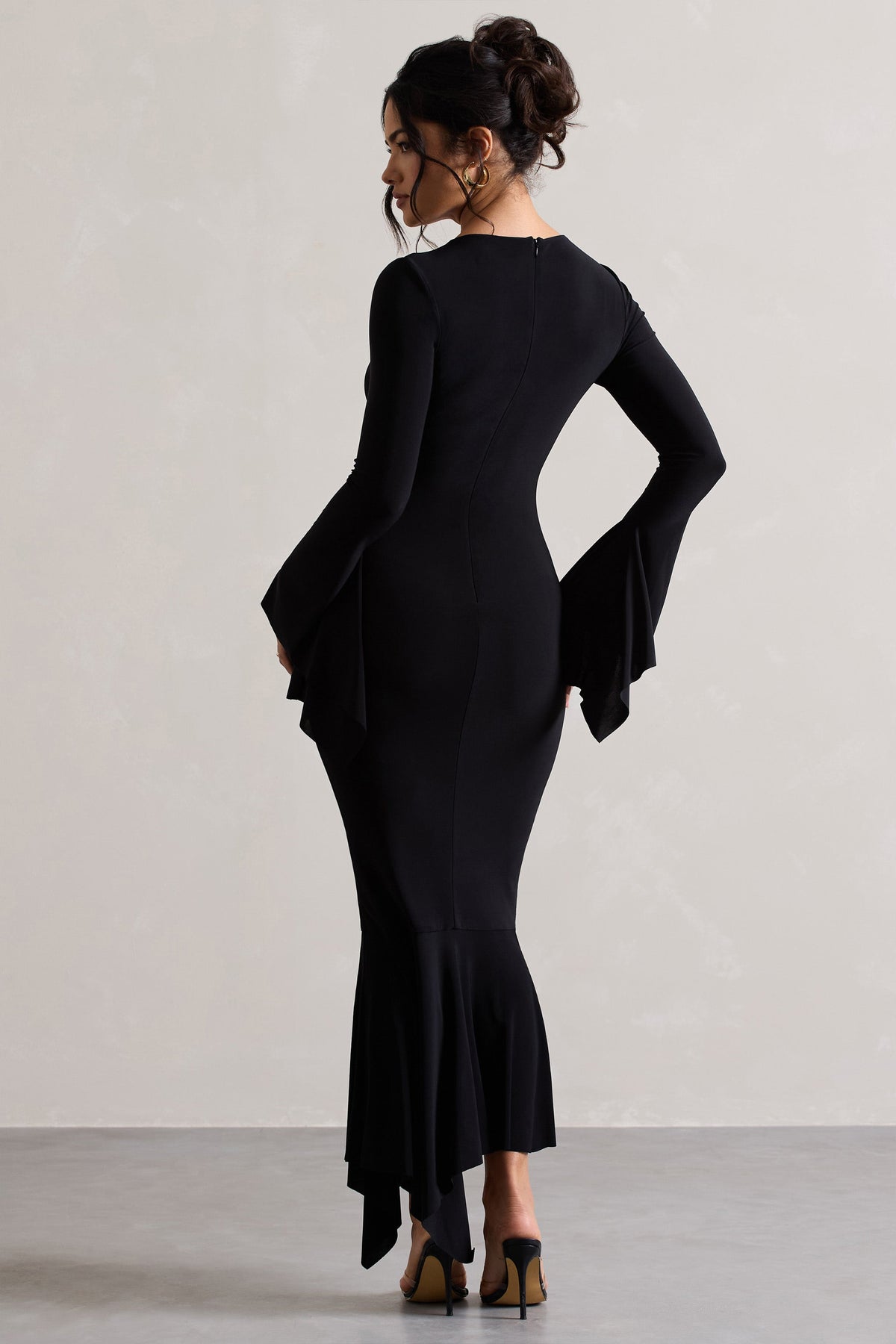 Meliora | Black Square-Neck Flute-Sleeve Asymmetric Midi Dress