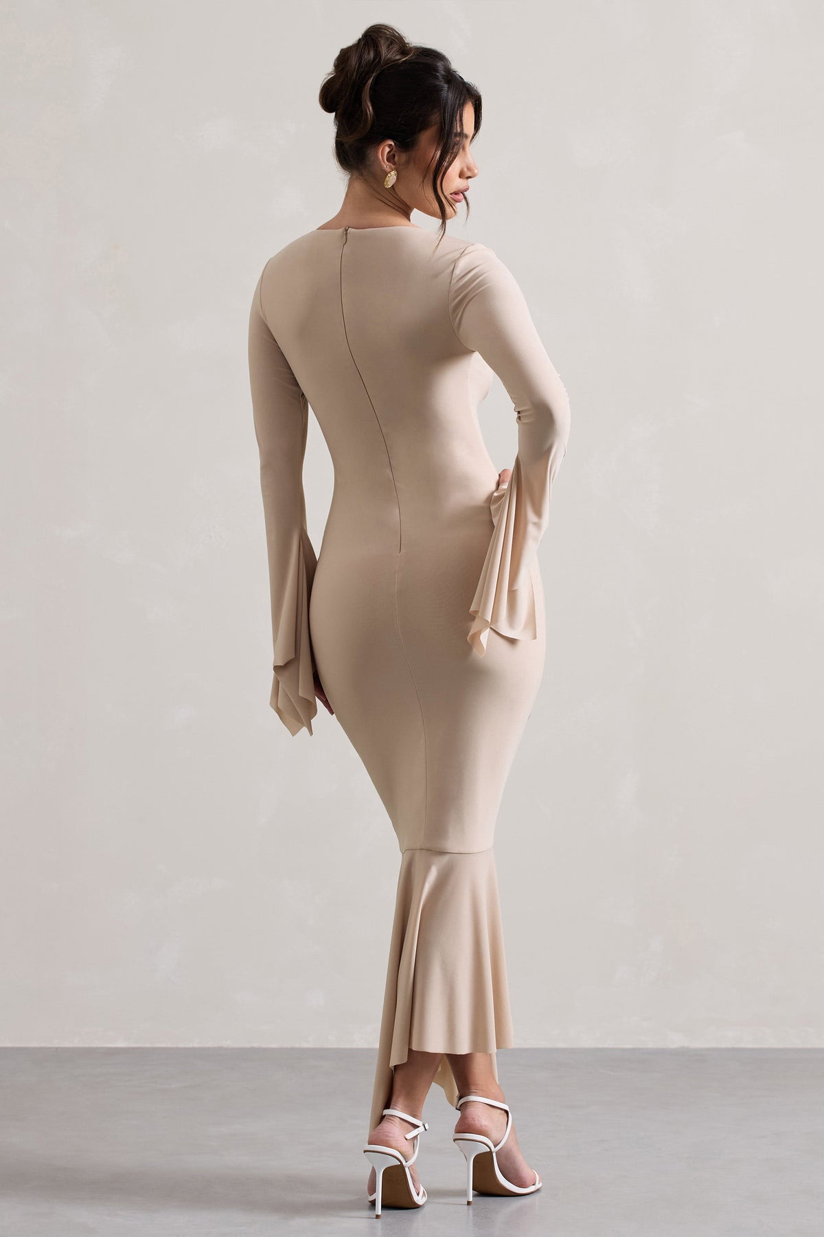 Meliora | Champagne Square-Neck Flute-Sleeve Asymmetric Midi Dress