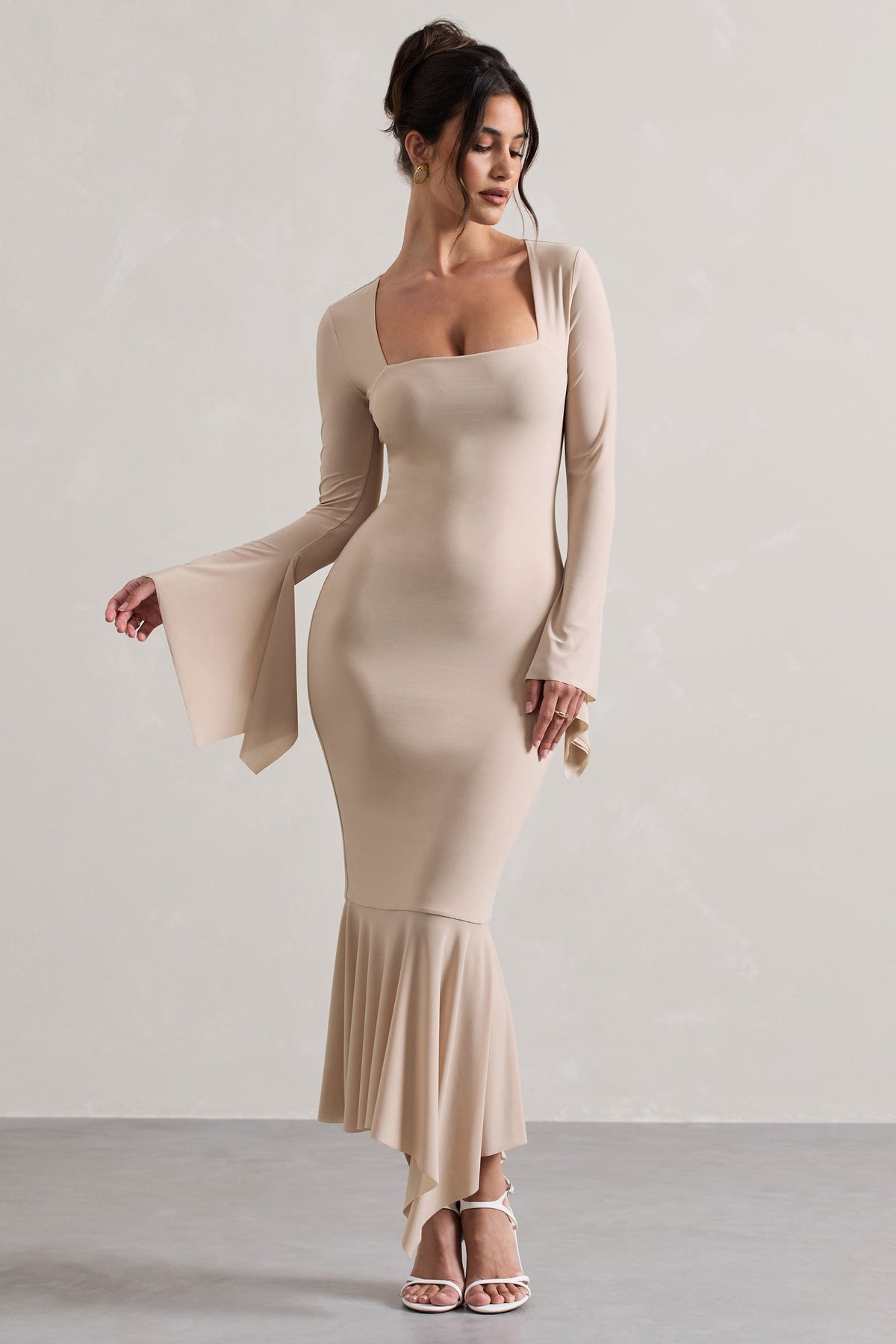 Meliora | Champagne Square-Neck Flute-Sleeve Asymmetric Midi Dress