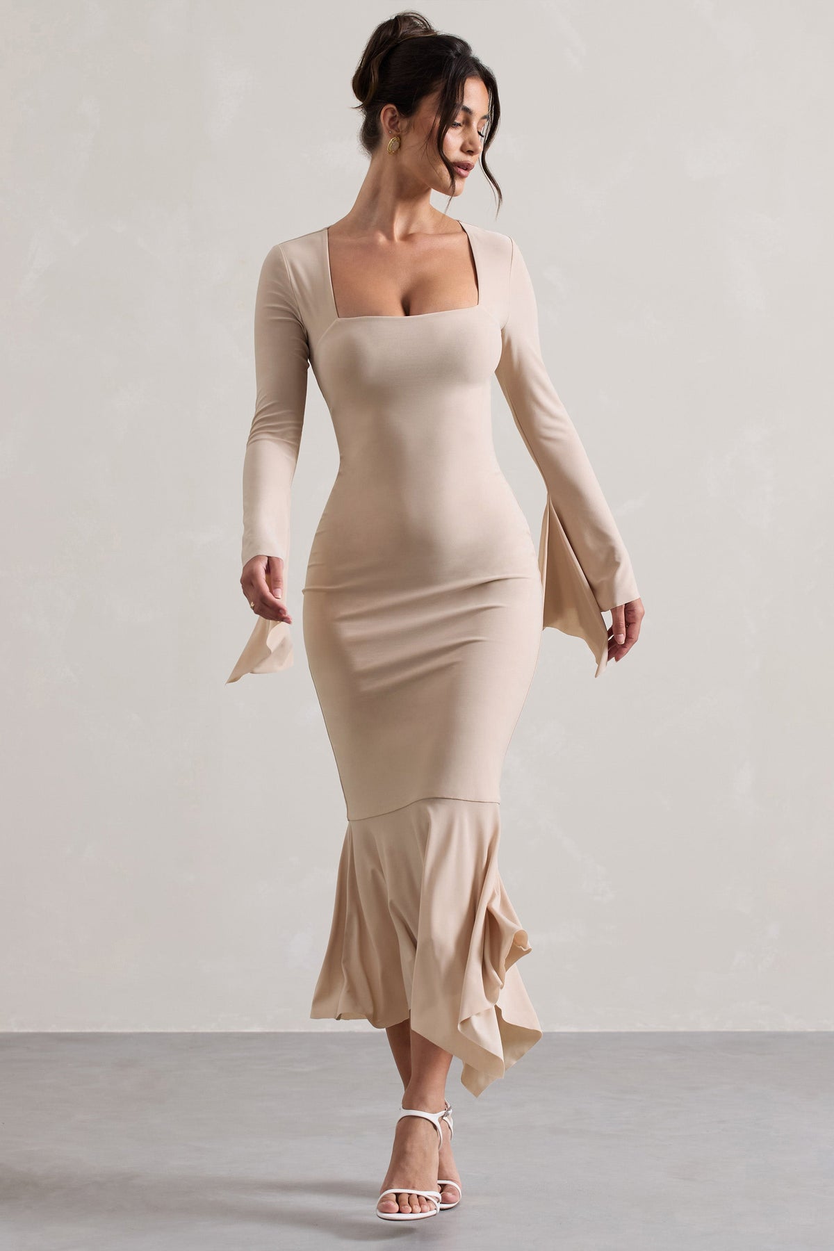 Meliora | Champagne Square-Neck Flute-Sleeve Asymmetric Midi Dress