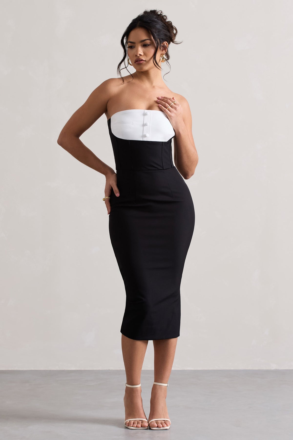 black crepe split side bandeau bodycon dress Dream Crush Lace-Up Back Side Split Midi Dress Black