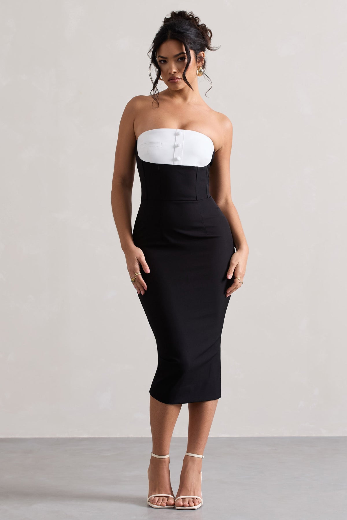 My Darling Black Tailored Bandeau Split Midi Dress Club L London - SA My Darling Black Tailored Bandeau Split Midi Dress Club L London - SA