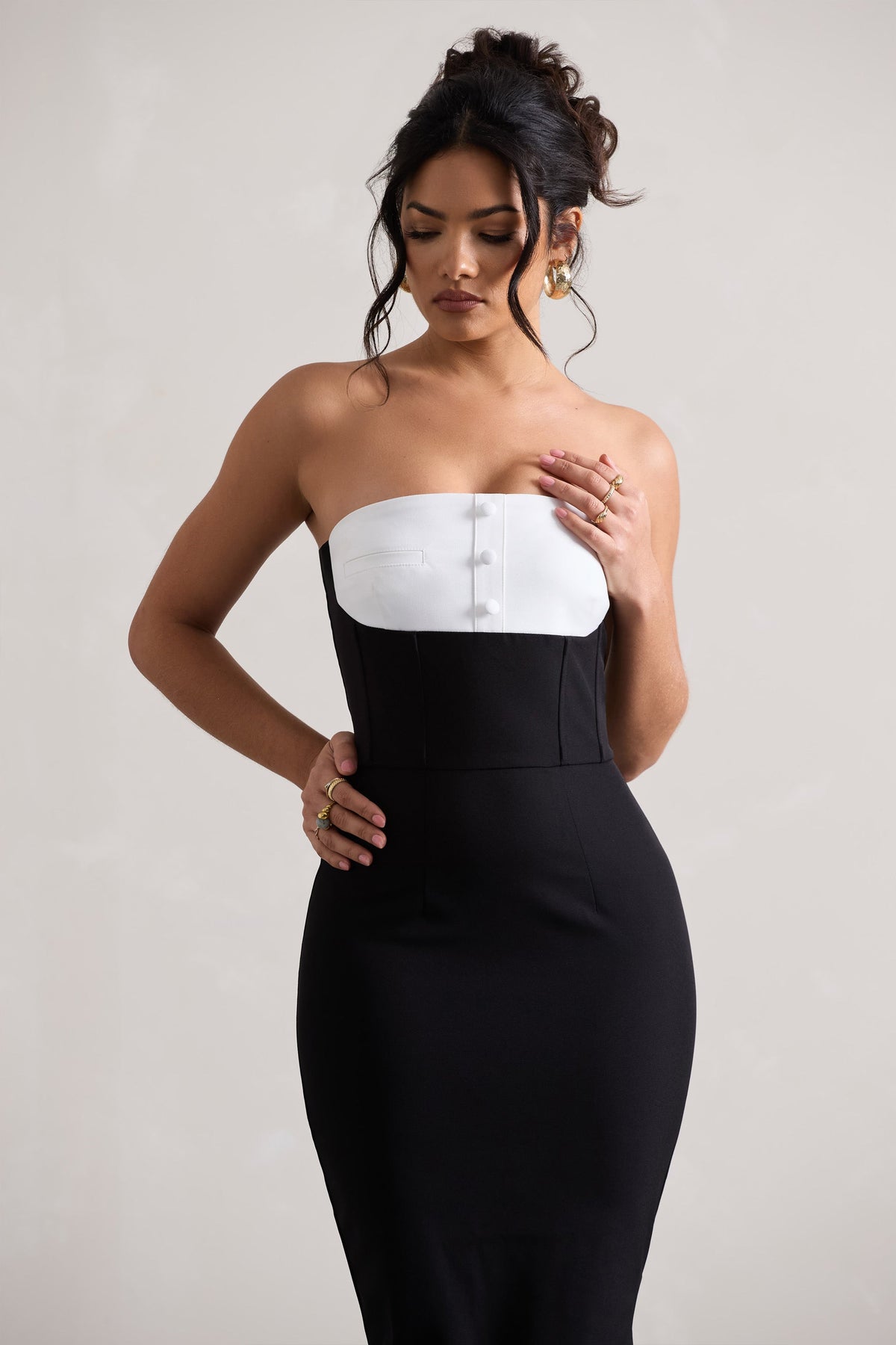 My Darling Black Tailored Bandeau Split Midi Dress – Club L London My Darling Black Tailored Bandeau Split Midi Dress – Club L London