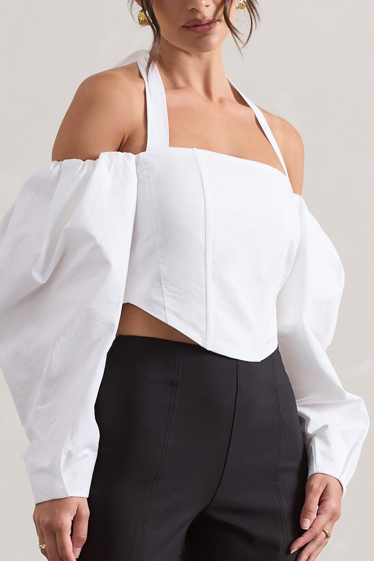 Theatric | Ivory Halter-Neck Corset Top With Puff-Sleeves
