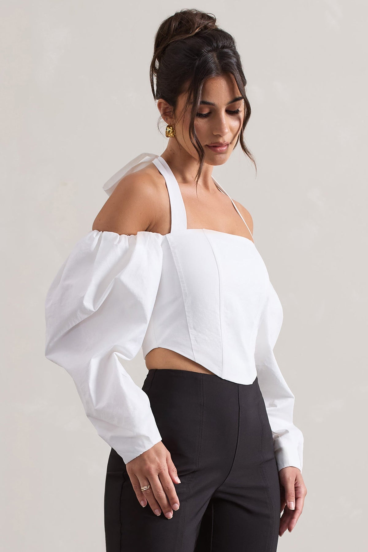 Theatric | Ivory Halter-Neck Corset Top With Puff-Sleeves