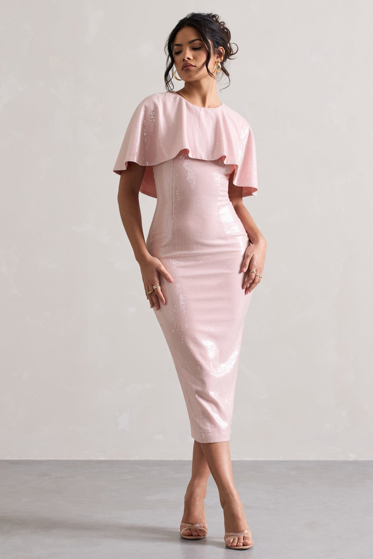 Amelie | Pastel Pink Sequin Midi Dress With Cape