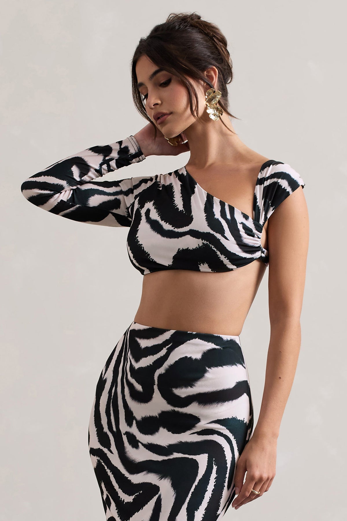 Agalia | Zebra Print Ruched Asymmetric One-Sleeve Crop Top