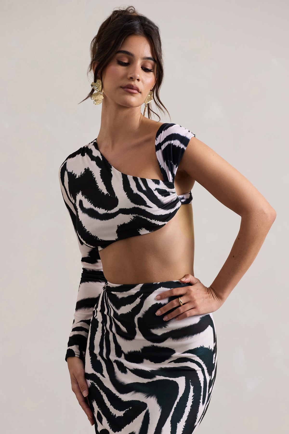 Agalia | Zebra Print Ruched Asymmetric One-Sleeve Crop Top