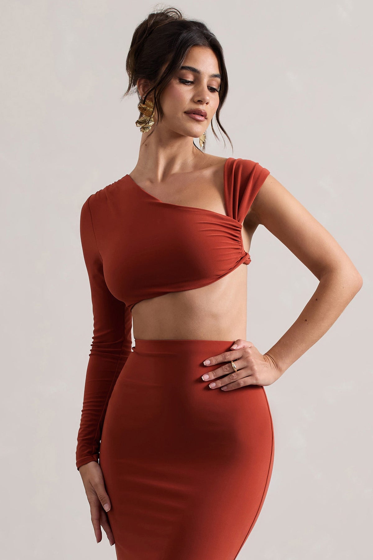 Agalia | Terracotta Ruched Asymmetric One-Sleeve Crop Top