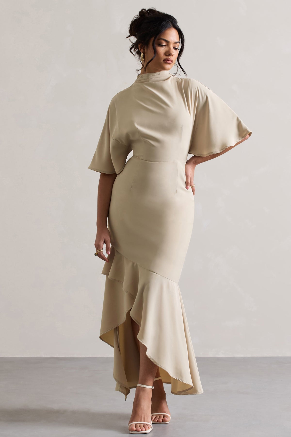 Lavinia | Champagne High-Neck Flutter-Sleeve Asymmetric Maxi Dress