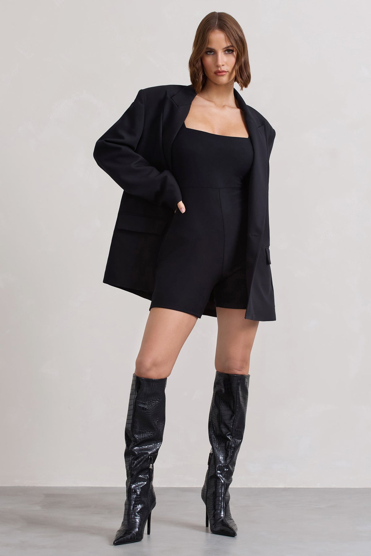 Kayleigh | Black Square-Neck Long-Sleeve Playsuit