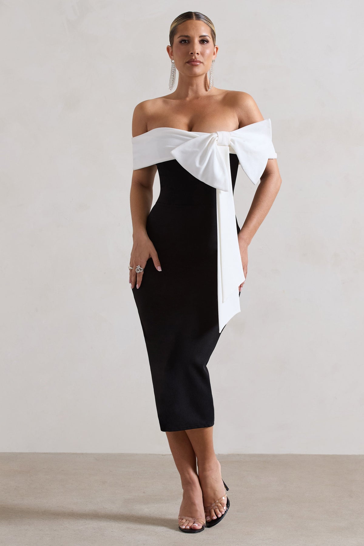 You Wish | Black Bodycon Bandeau Midi Dress With Oversized White Bow