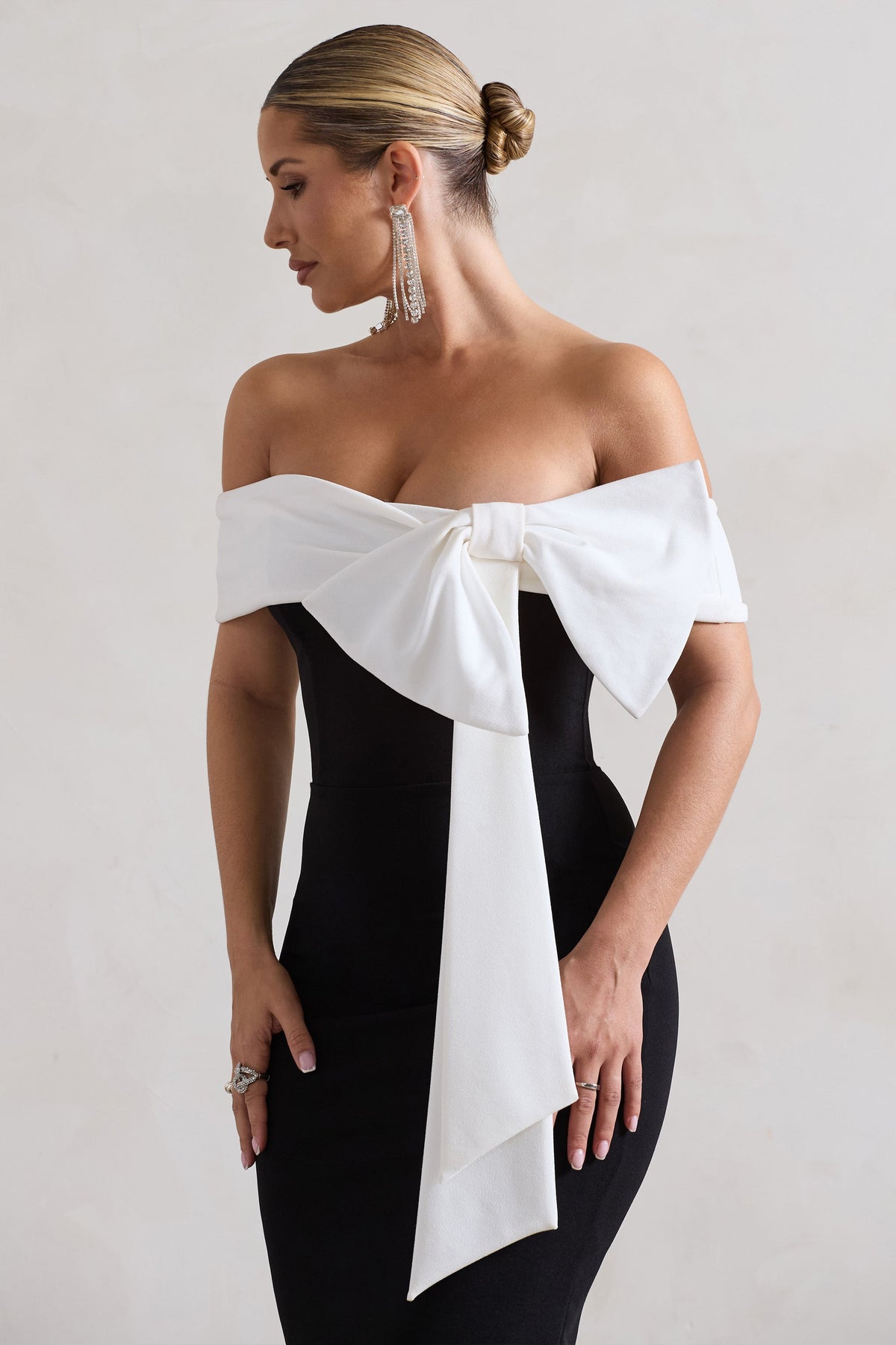 You Wish | Black Bodycon Bandeau Midi Dress With Oversized White Bow