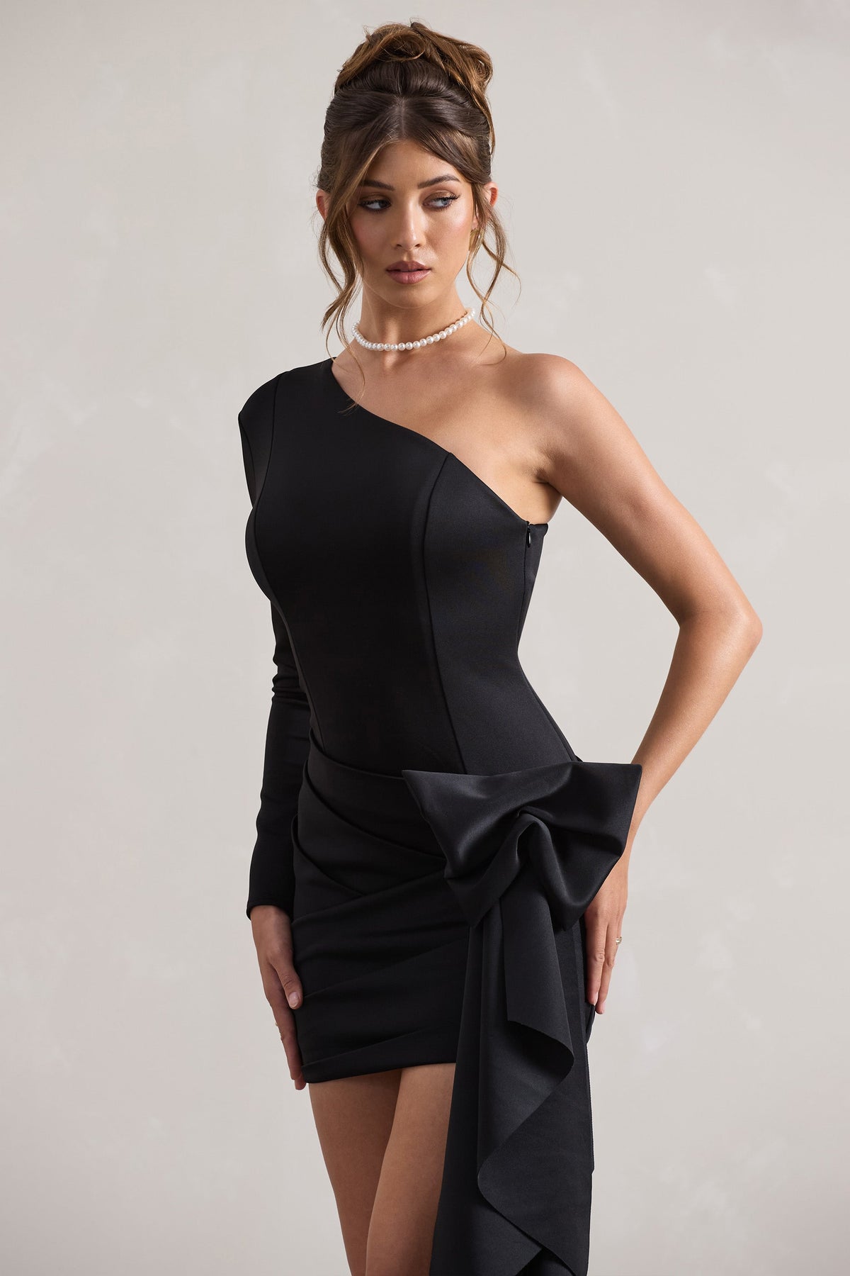 black asymmetric volume sleeve draped feather mini dress AURORA ASYMMETRIC DRAPED BLACK FEATHER DRESS | CULT MIA