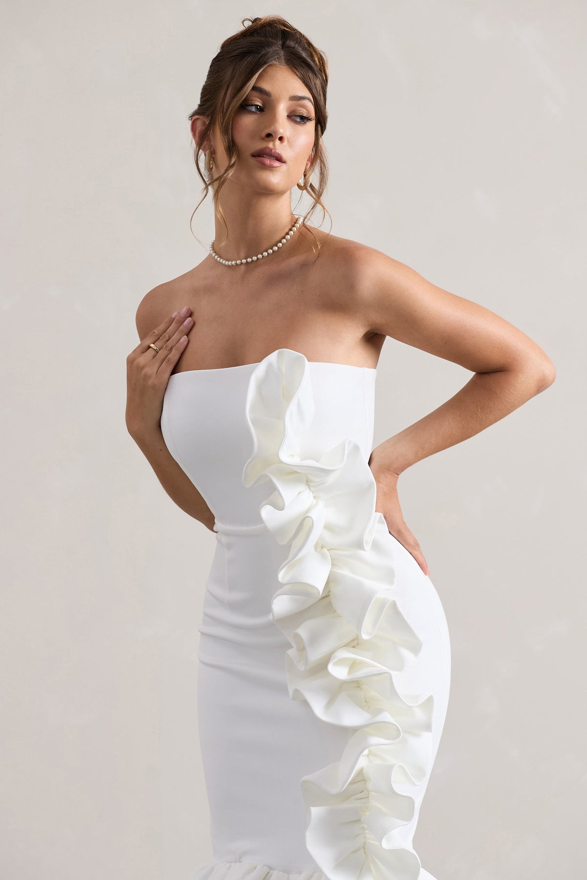 Concept Cream Bandeau Ruffle Midi Dress Club L London - SA Concept Cream Bandeau Ruffle Midi Dress Club L London - SA