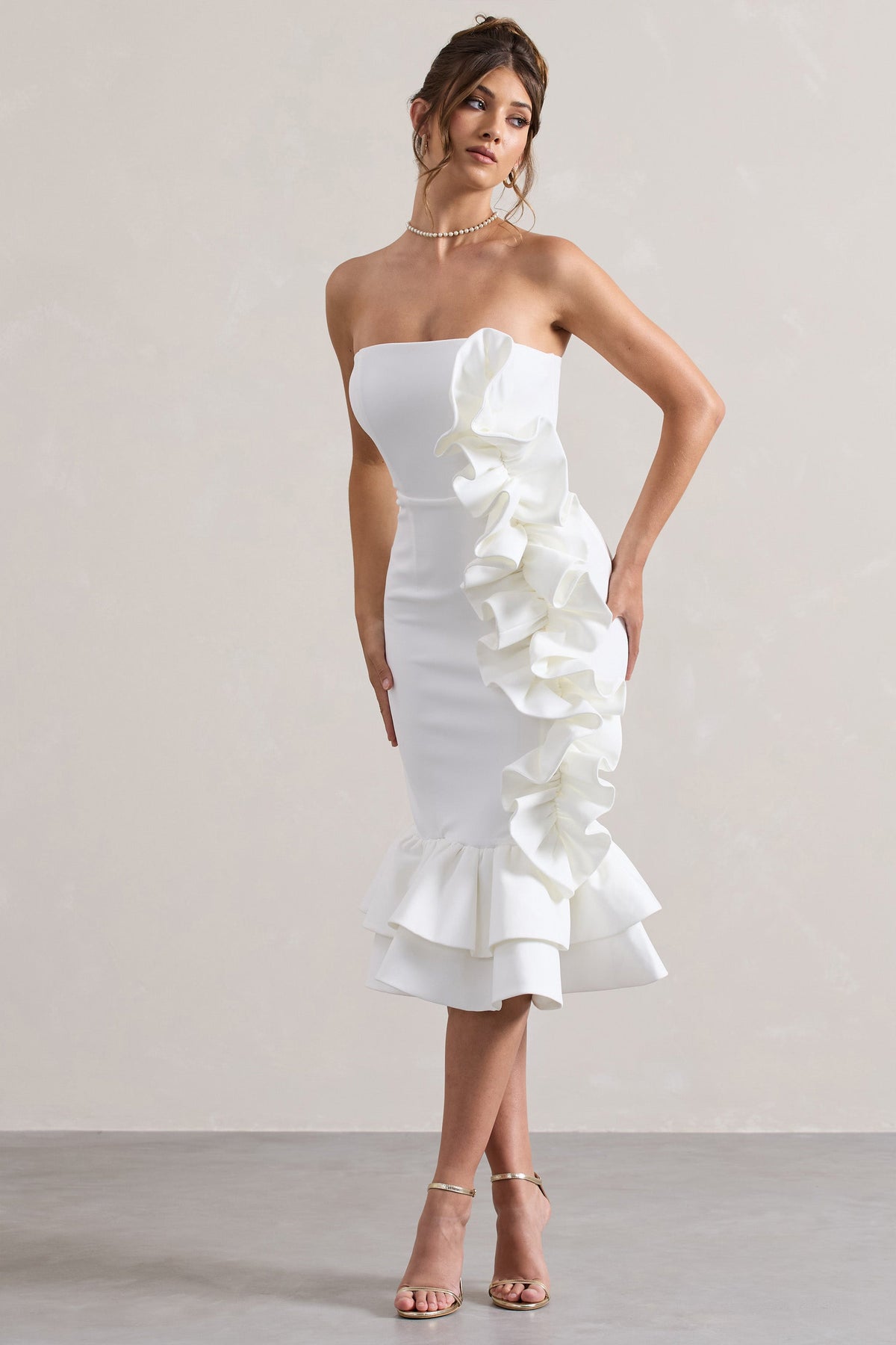 Concept Cream Bandeau Ruffle Midi Dress Club L London - SA Concept Cream Bandeau Ruffle Midi Dress Club L London - SA