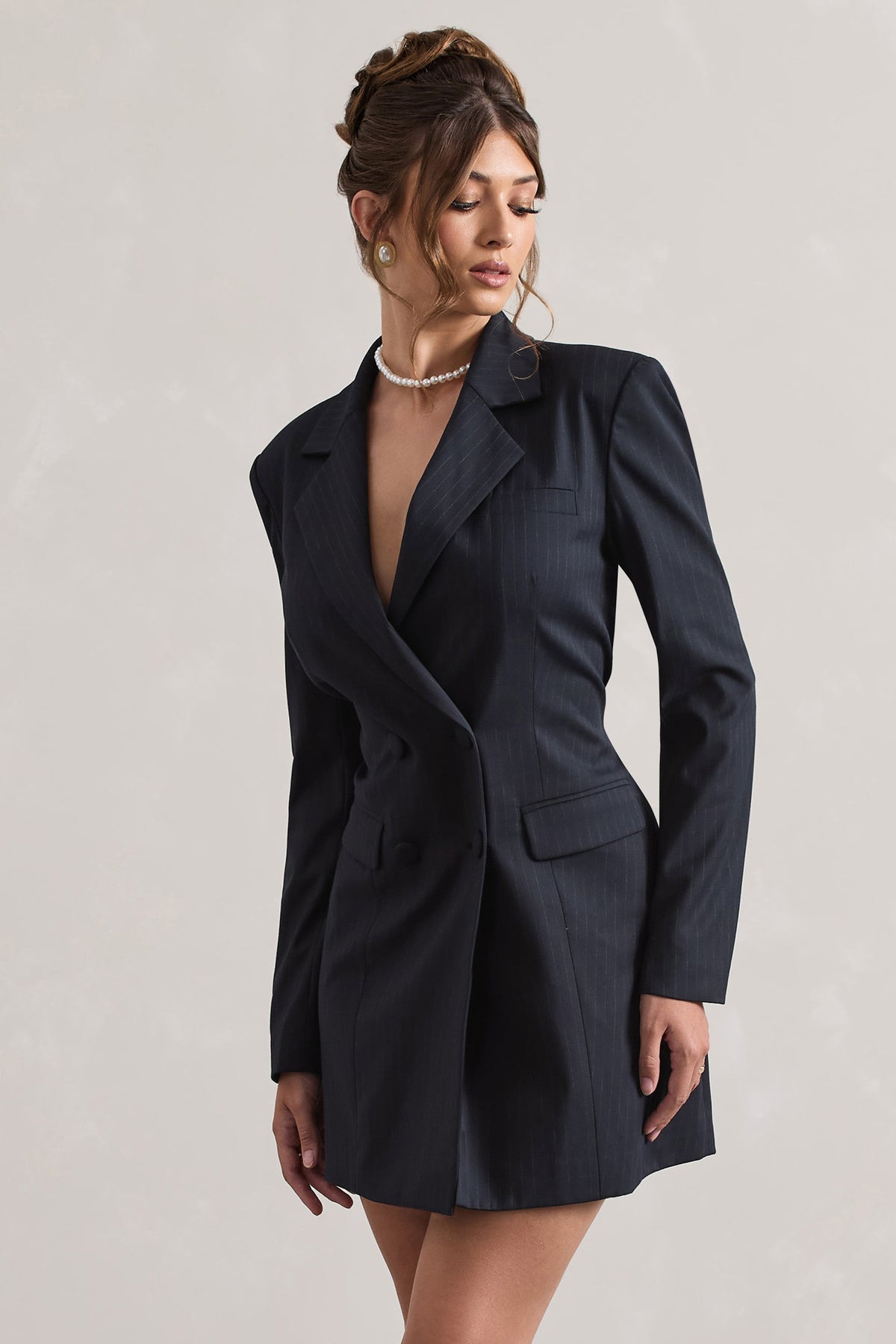 State Of Mind | Navy Pinstripe Tailored Blazer Mini Dress