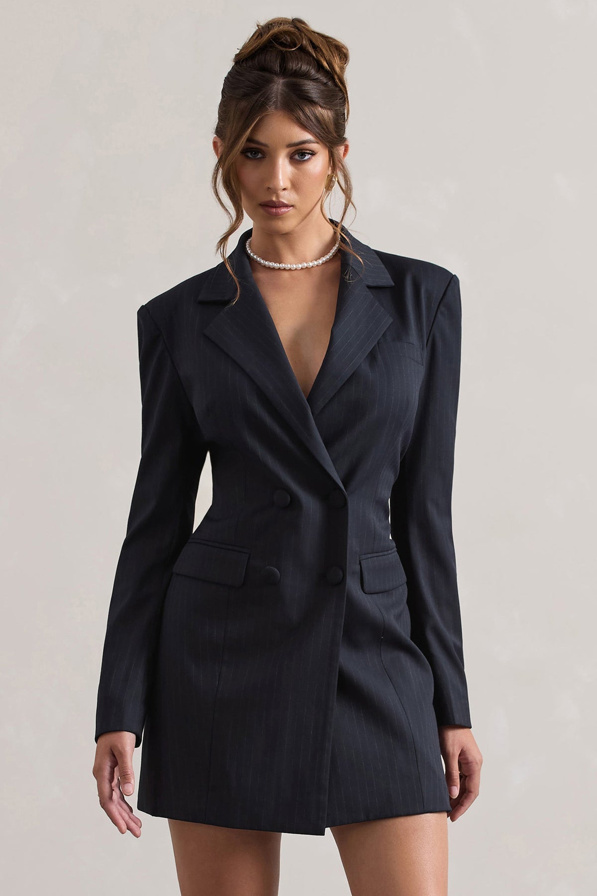 State Of Mind | Navy Pinstripe Tailored Blazer Mini Dress