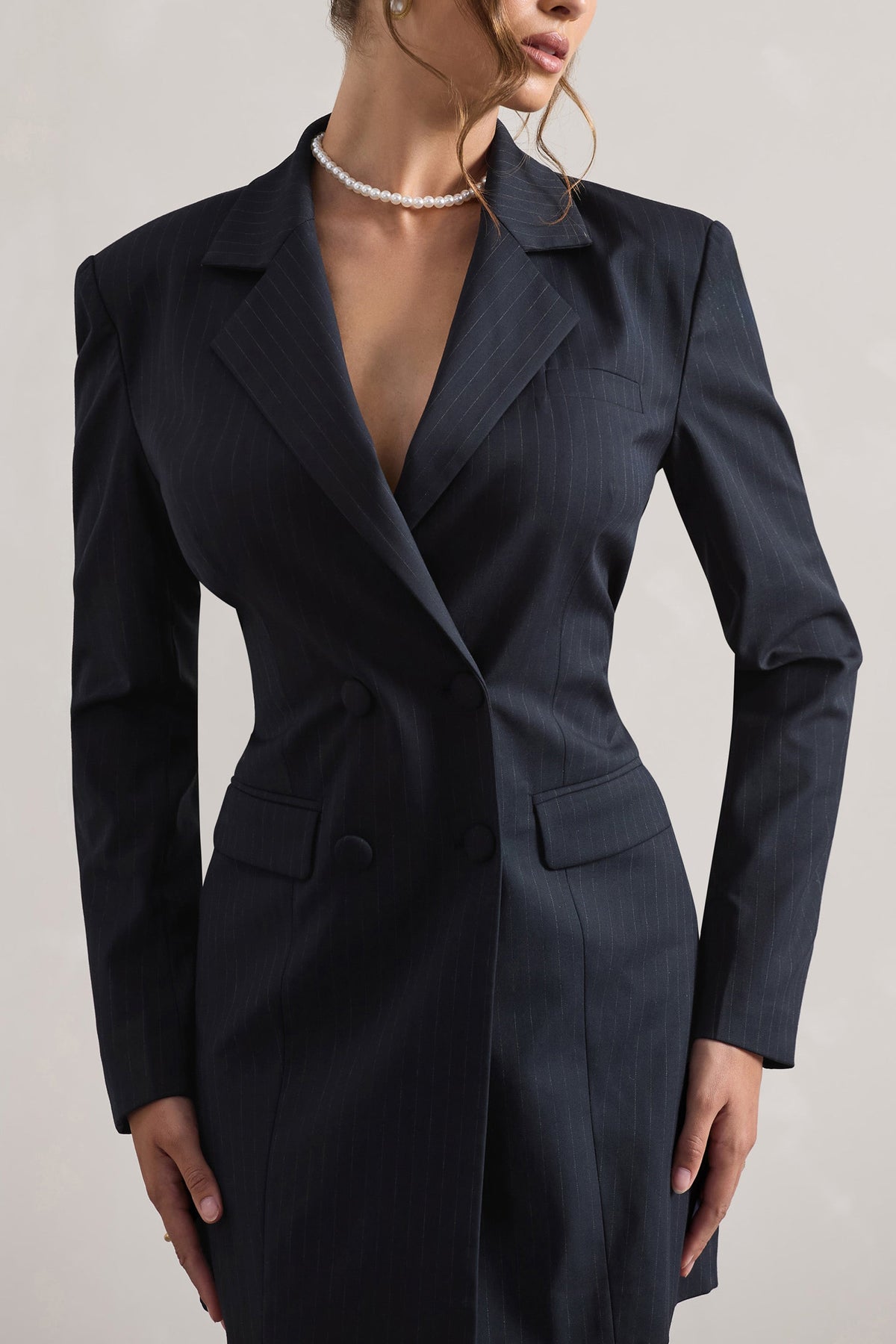 State Of Mind | Navy Pinstripe Tailored Blazer Mini Dress