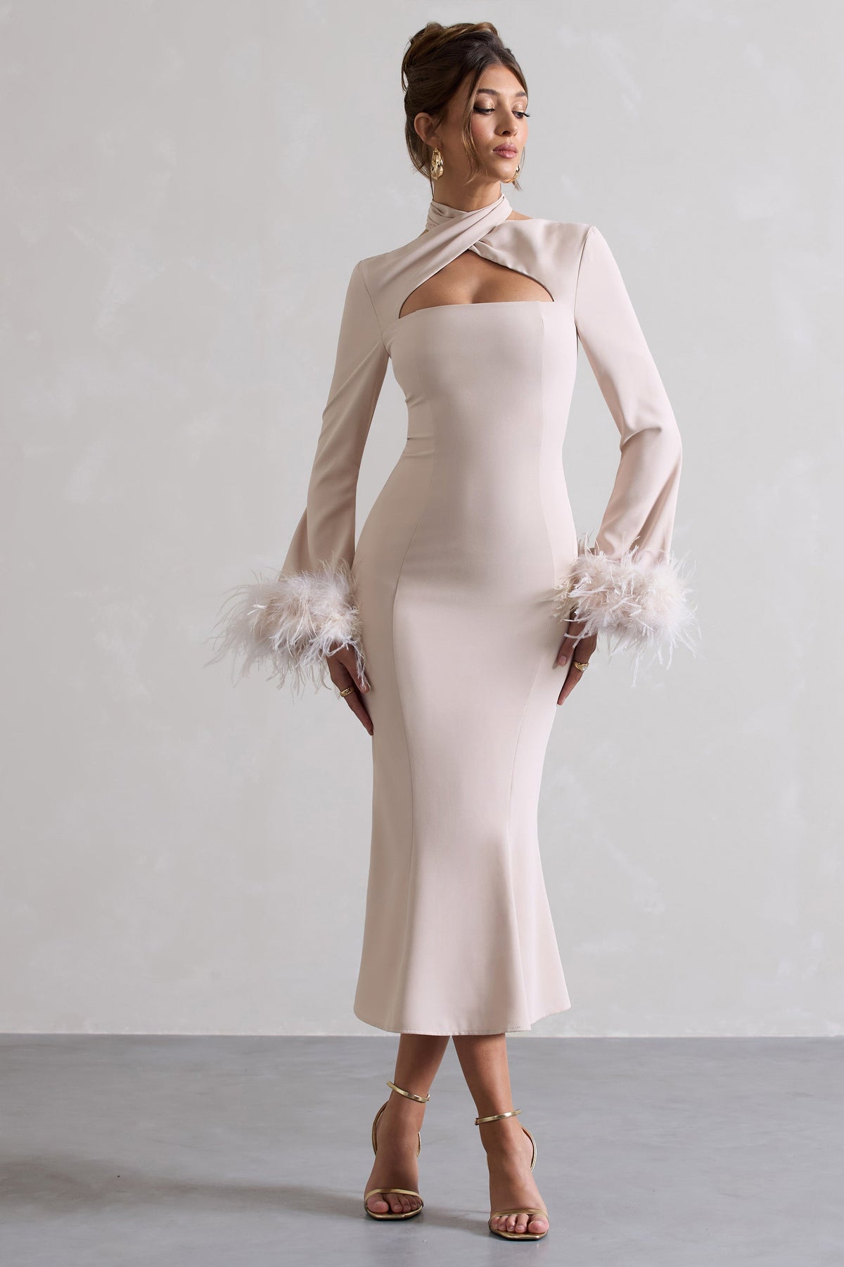 Monroe | Champagne Cross Halter-Neck Midi Dress With Feather Cuffs