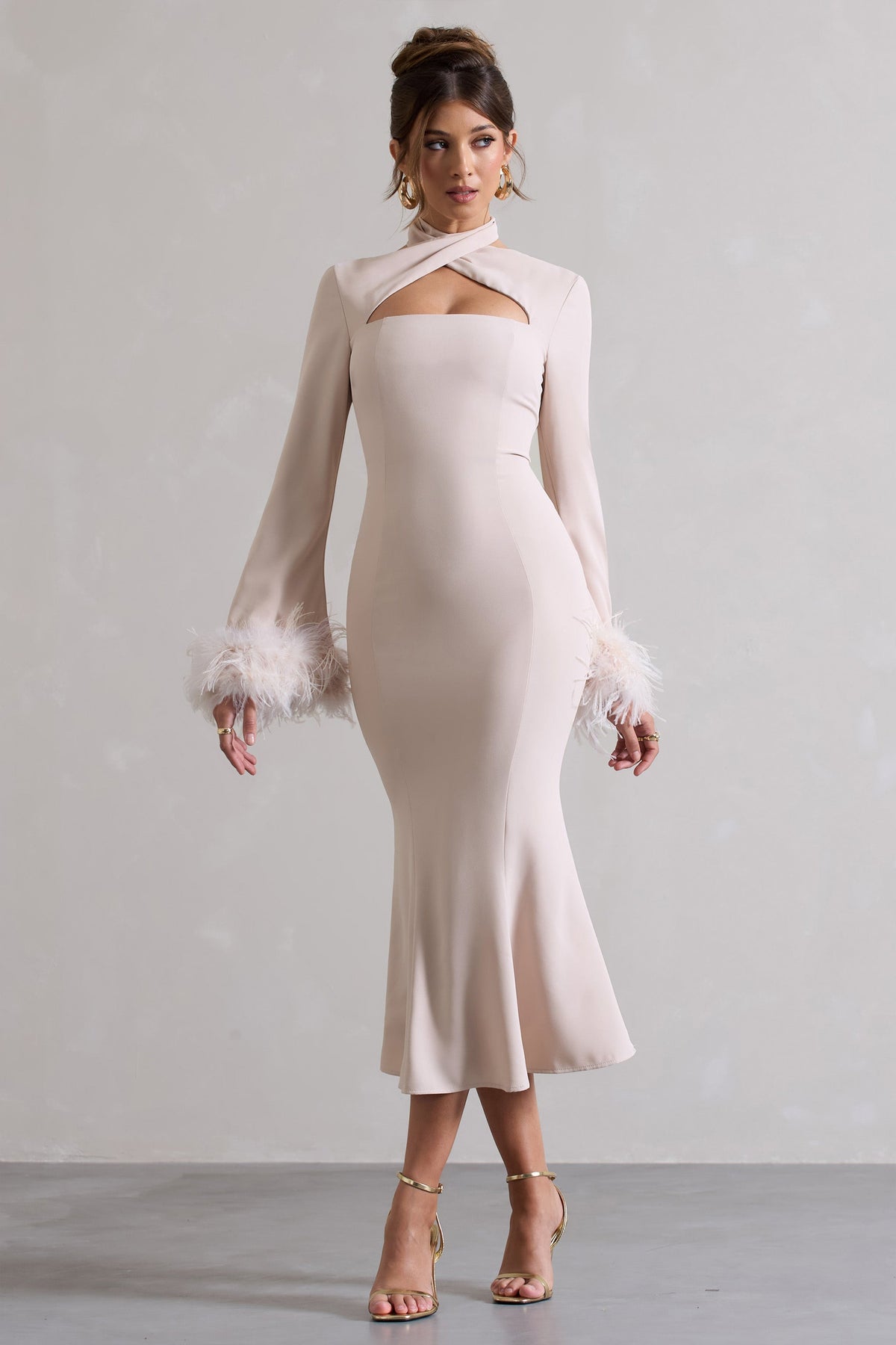 Monroe | Champagne Cross Halter-Neck Midi Dress With Feather Cuffs