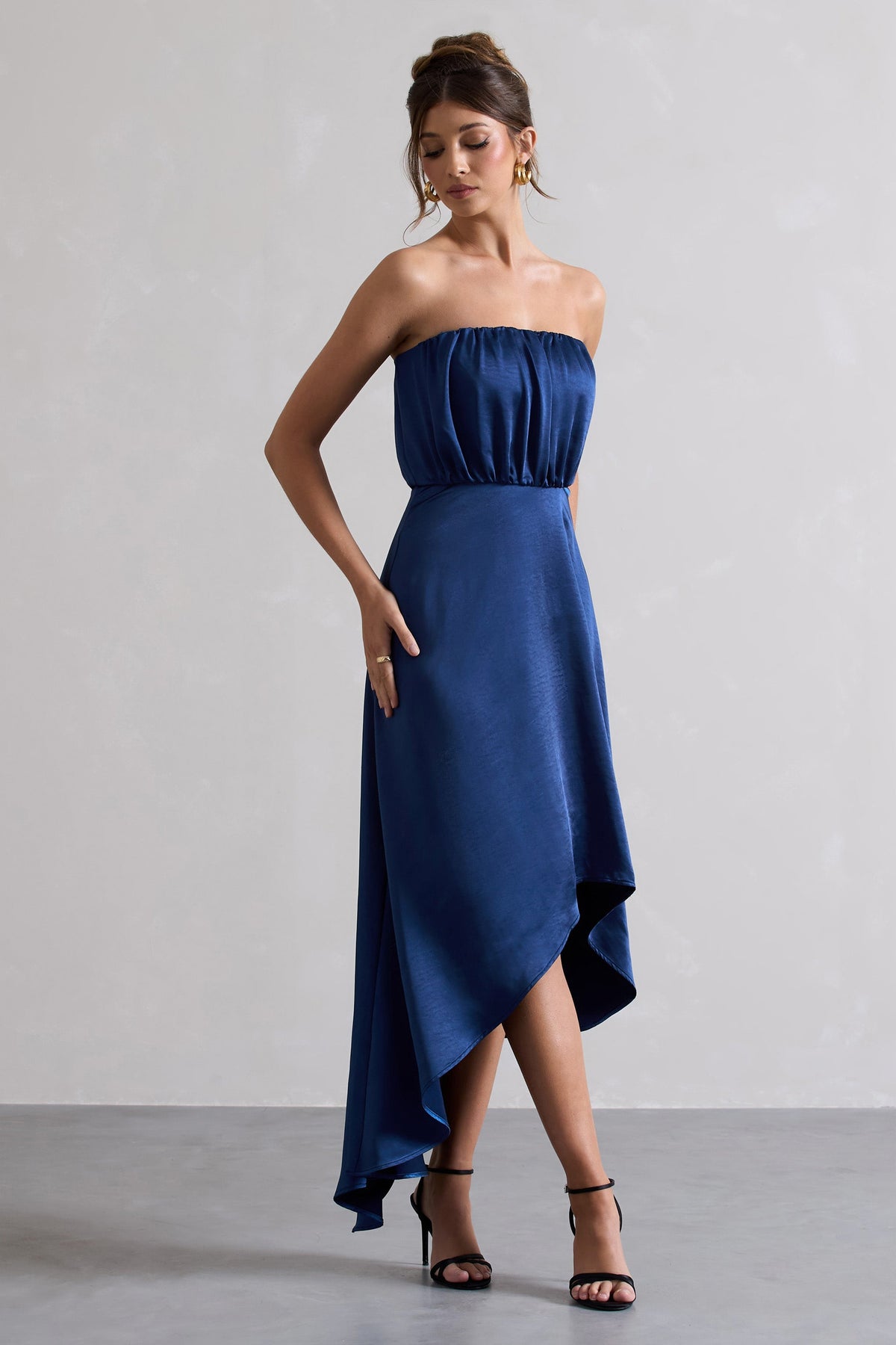 Willa | Navy Satin Bandeau Maxi Dress With Asymmetric Hem