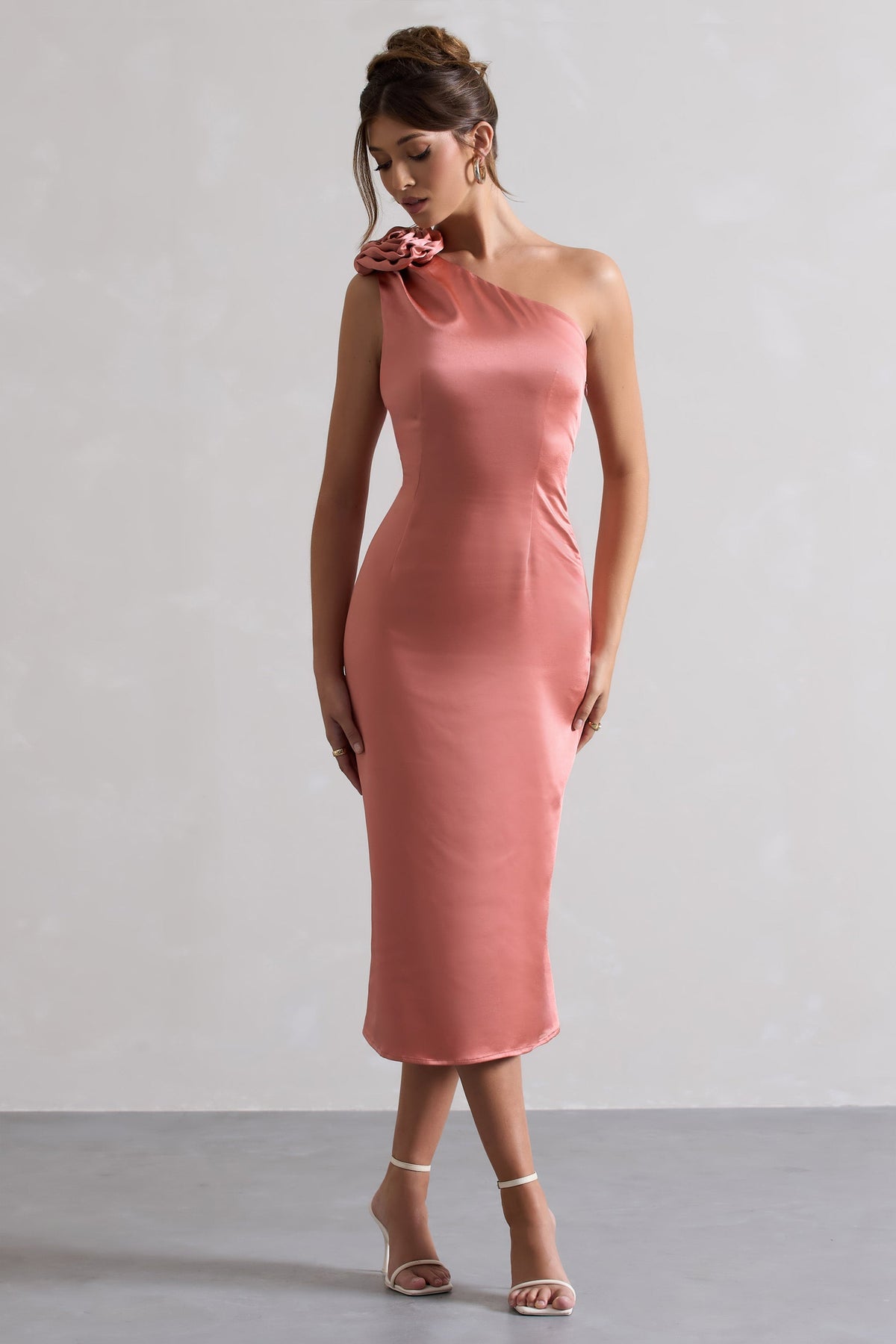 Ascot | Coral Satin Asymmetric Midi Dress With Corsage