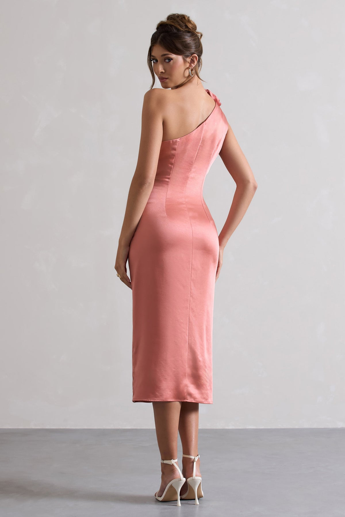 Ascot | Coral Satin Asymmetric Midi Dress With Corsage