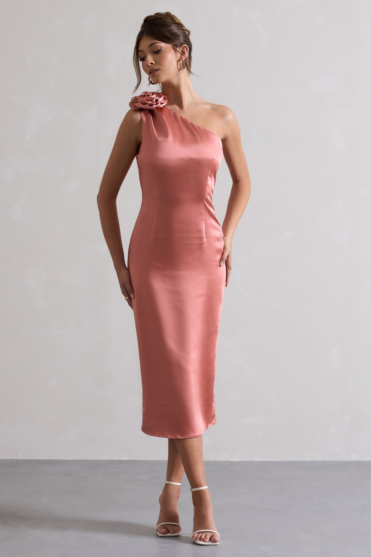 Ascot | Coral Satin Asymmetric Midi Dress With Corsage