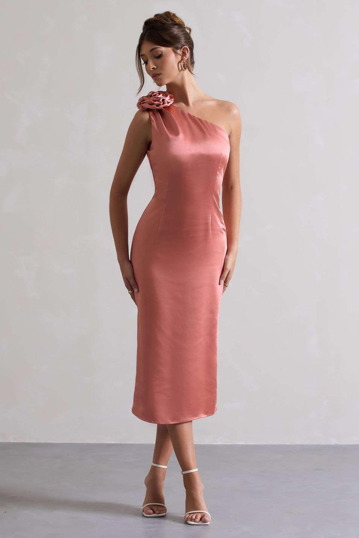 Ascot | Coral Satin Asymmetric Midi Dress With Corsage