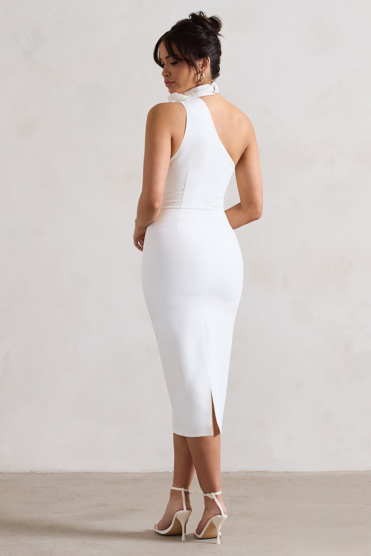 The Soiree | White Bodycon Midi Dress With Ruffled Choker