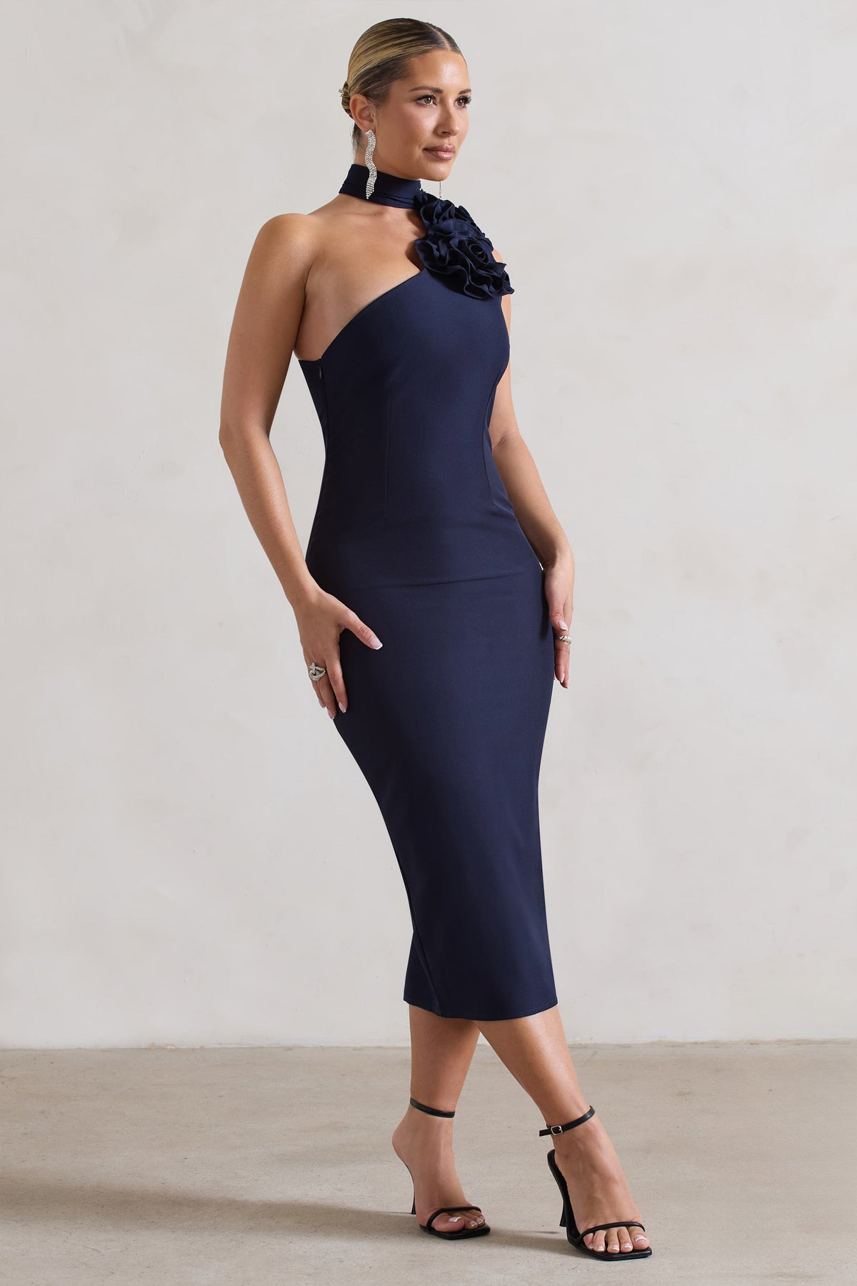 The Soiree | Navy Bodycon Midi Dress With Ruffled Choker